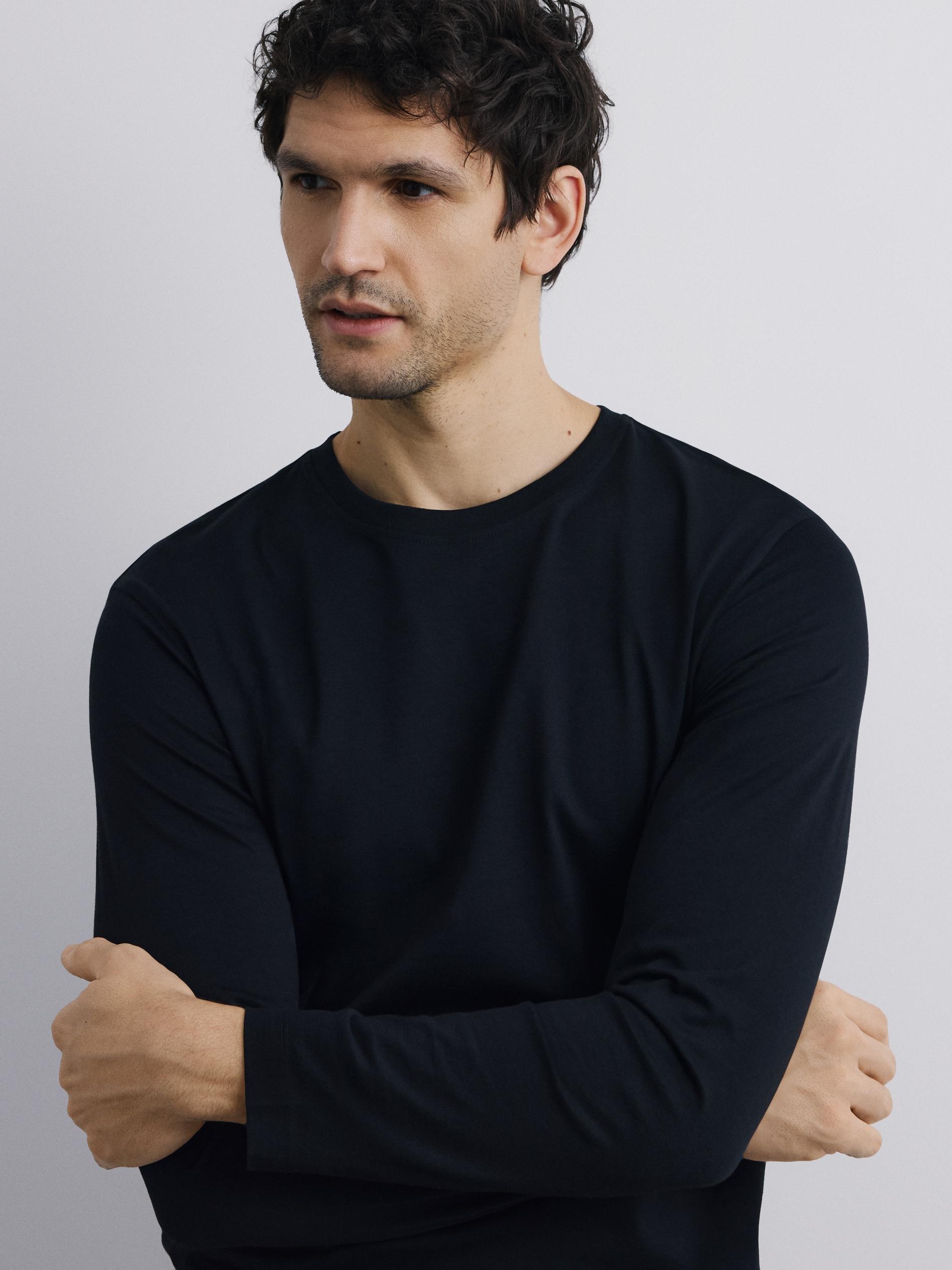 Black Mercerised Cotton Rich Long Sleeve T-Shirt, Black, large image number 3