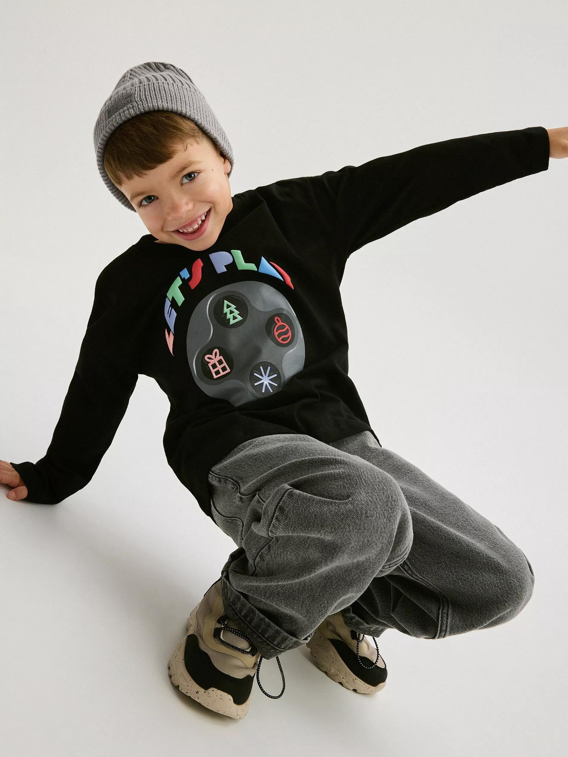 Black Printed Long Sleeve T-Shirt, Kids Boys, , large image number 0
