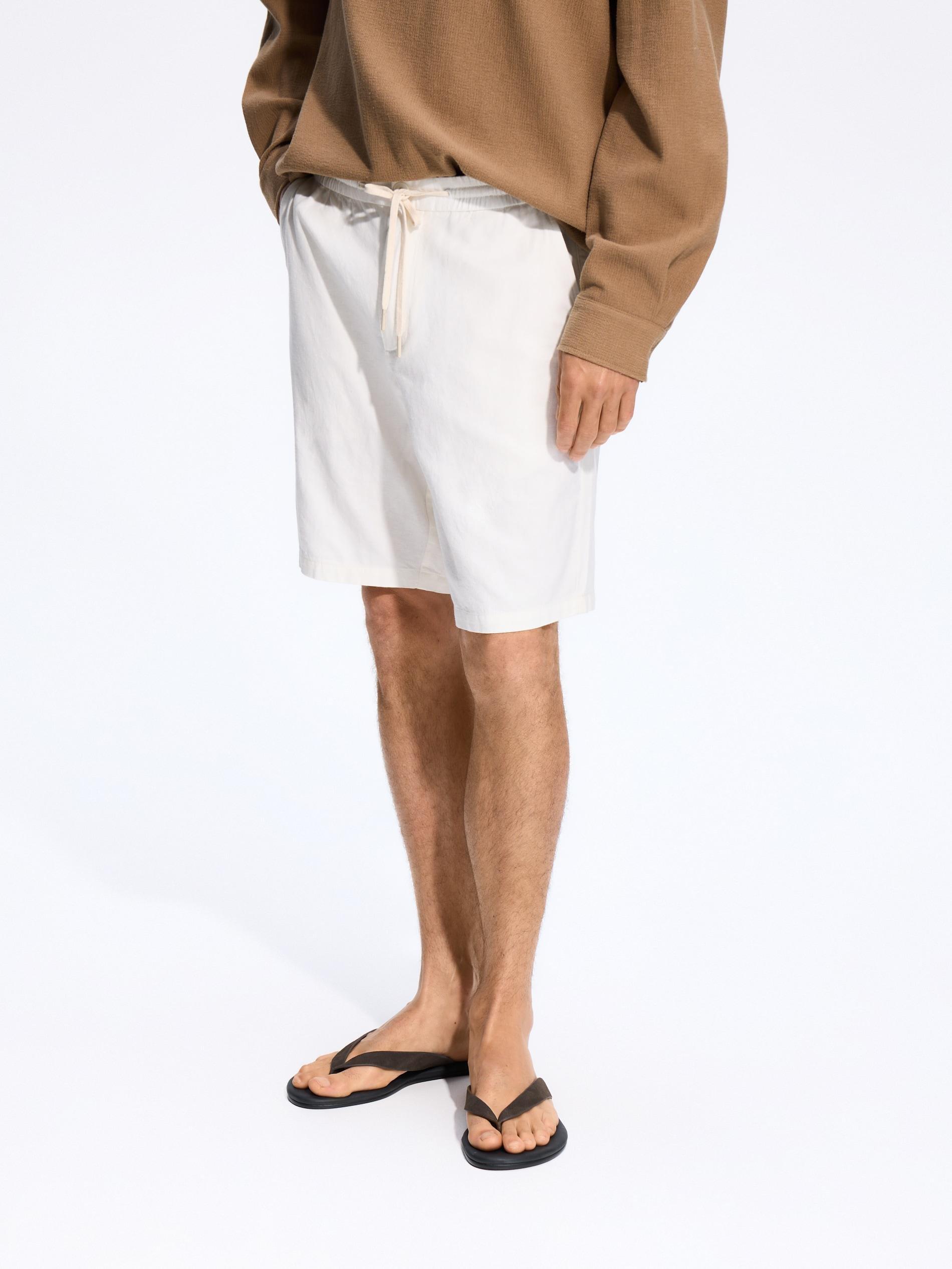White Linen Blend Jogger Shorts, White, medium