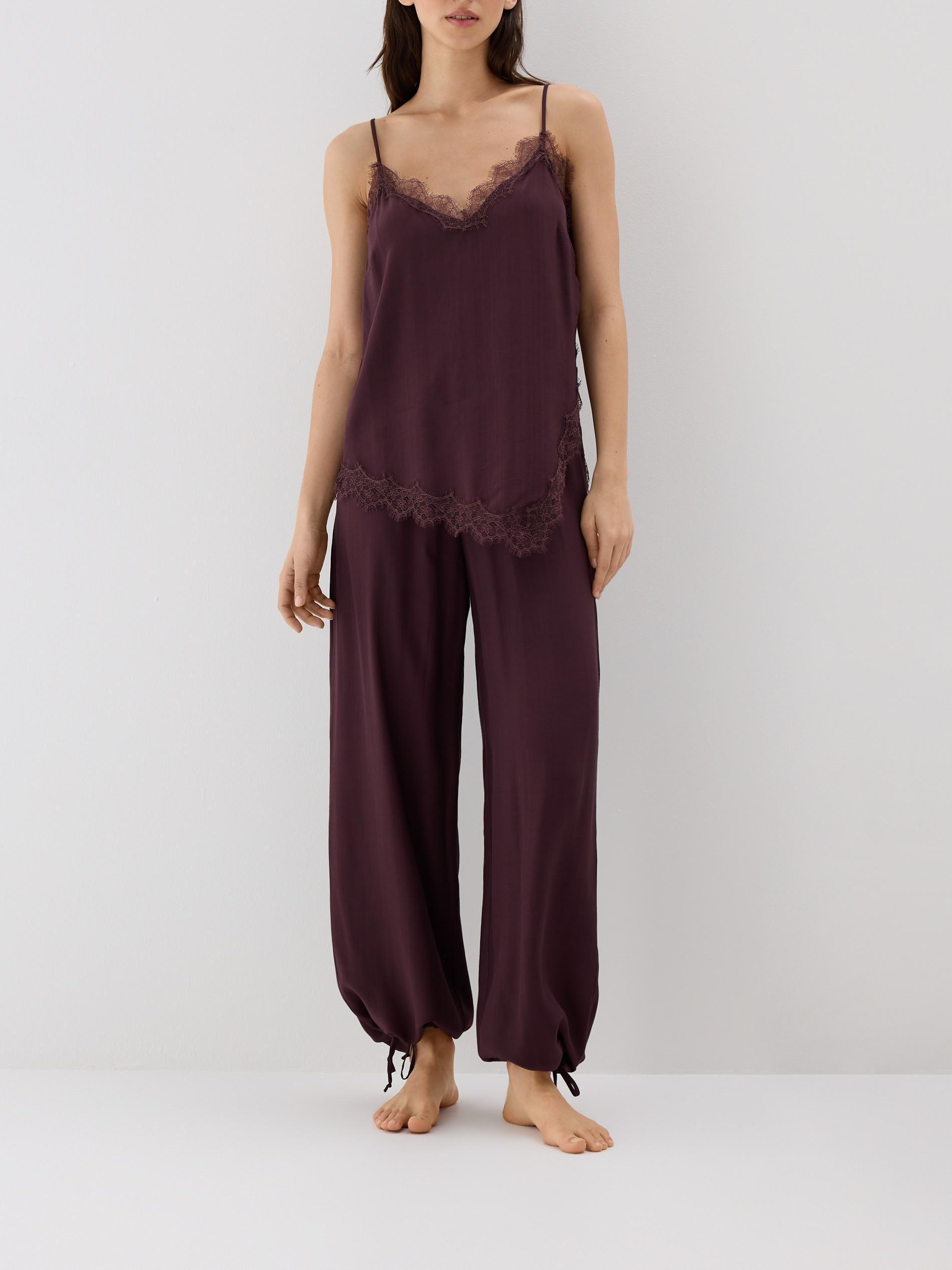 Maroon Satin Pyjamas With Lace, Burgundy, medium