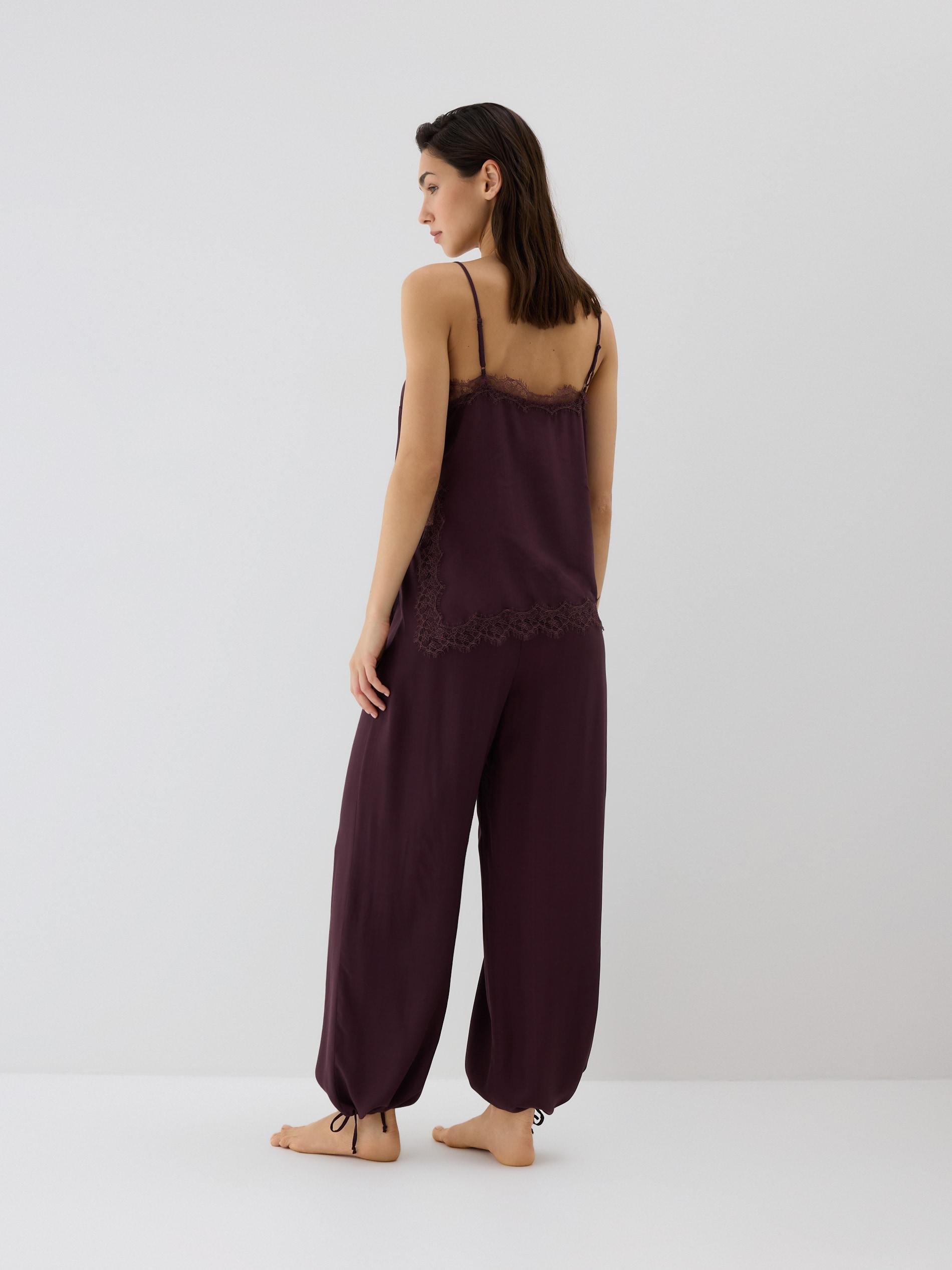 Maroon Satin Pyjamas With Lace, Burgundy, large image number 3