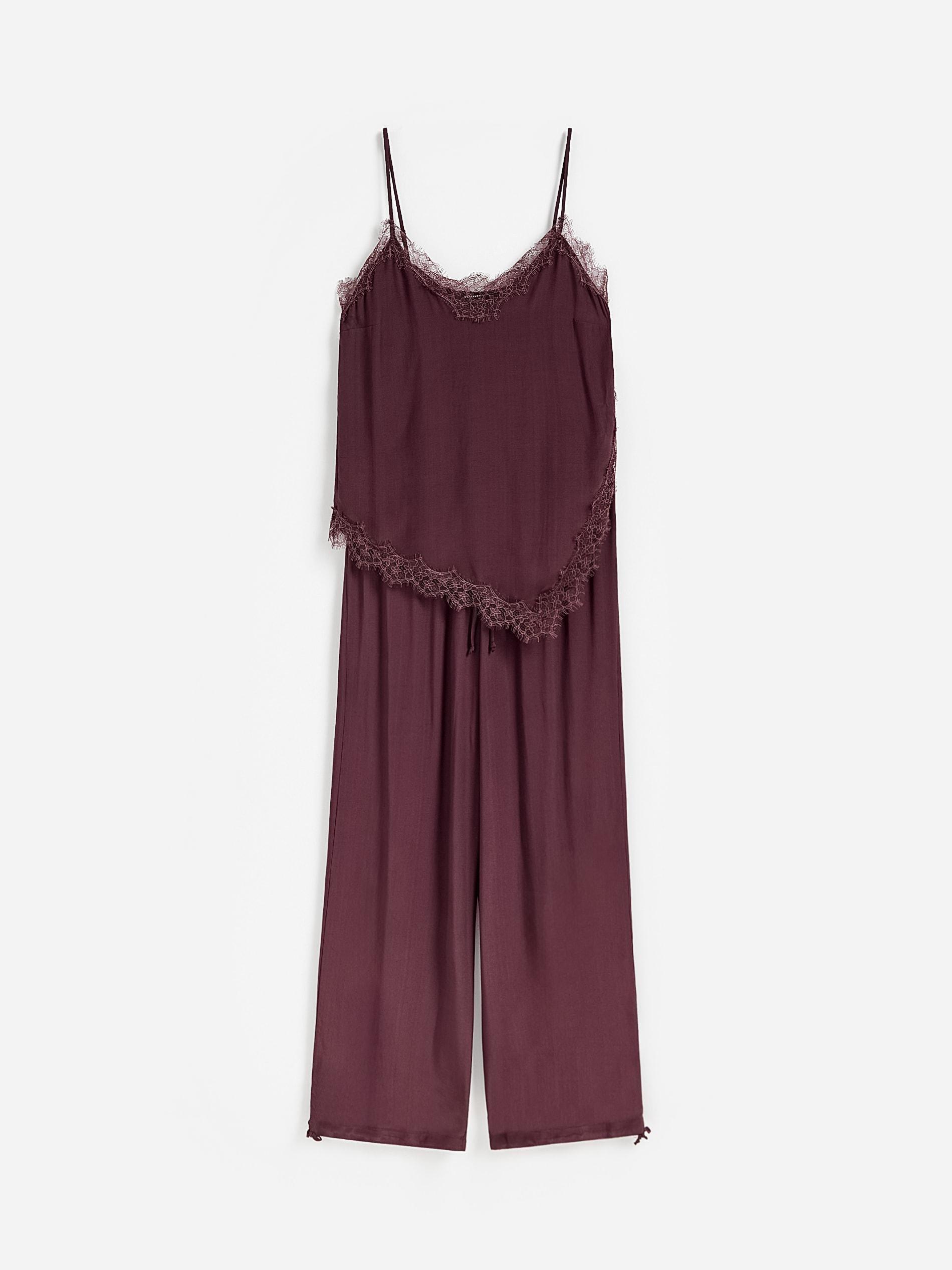 Maroon Satin Pyjamas With Lace, Burgundy, large image number 4