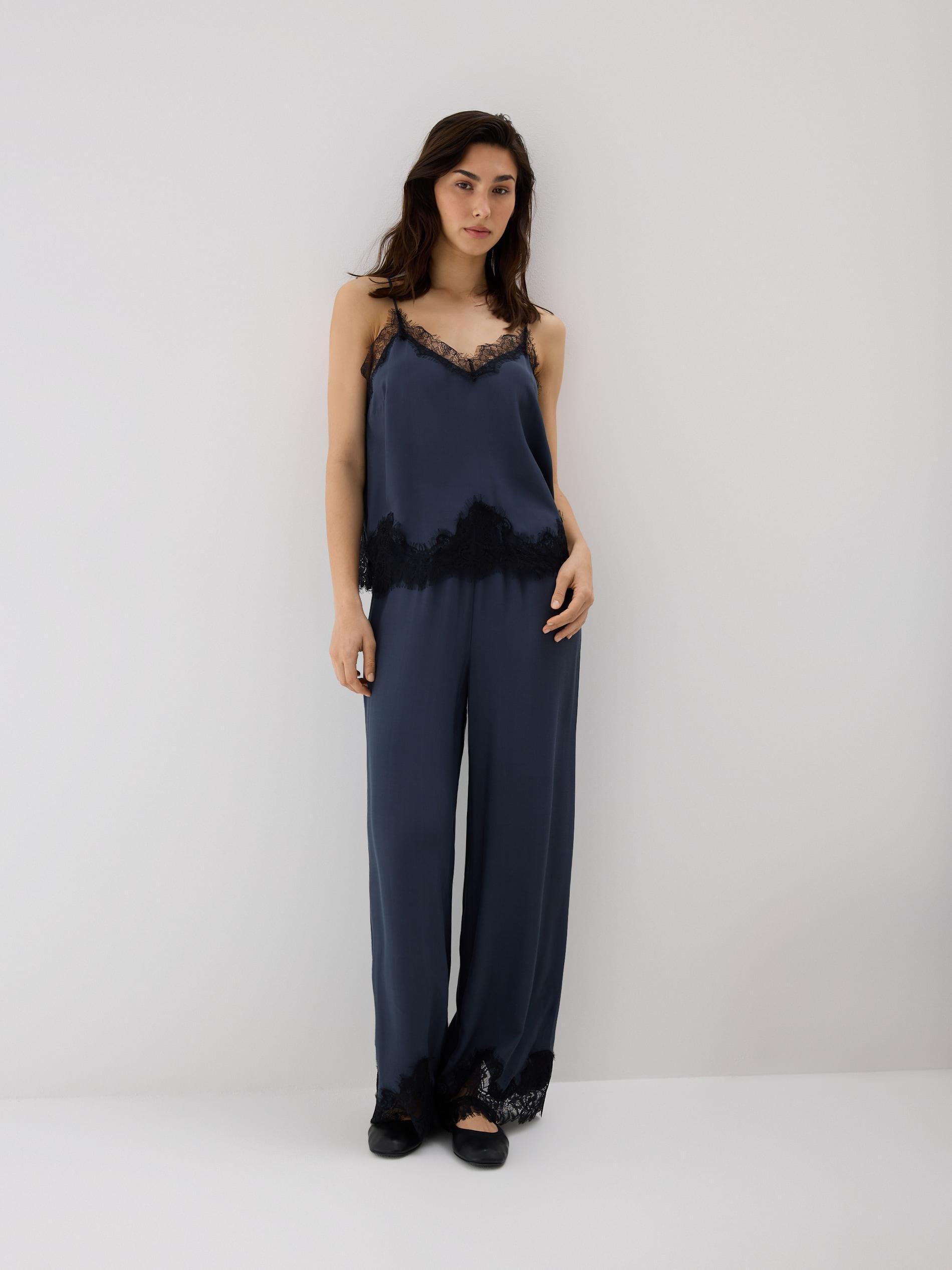 Navy Satin Pyjamas With Lace, Blue, medium
