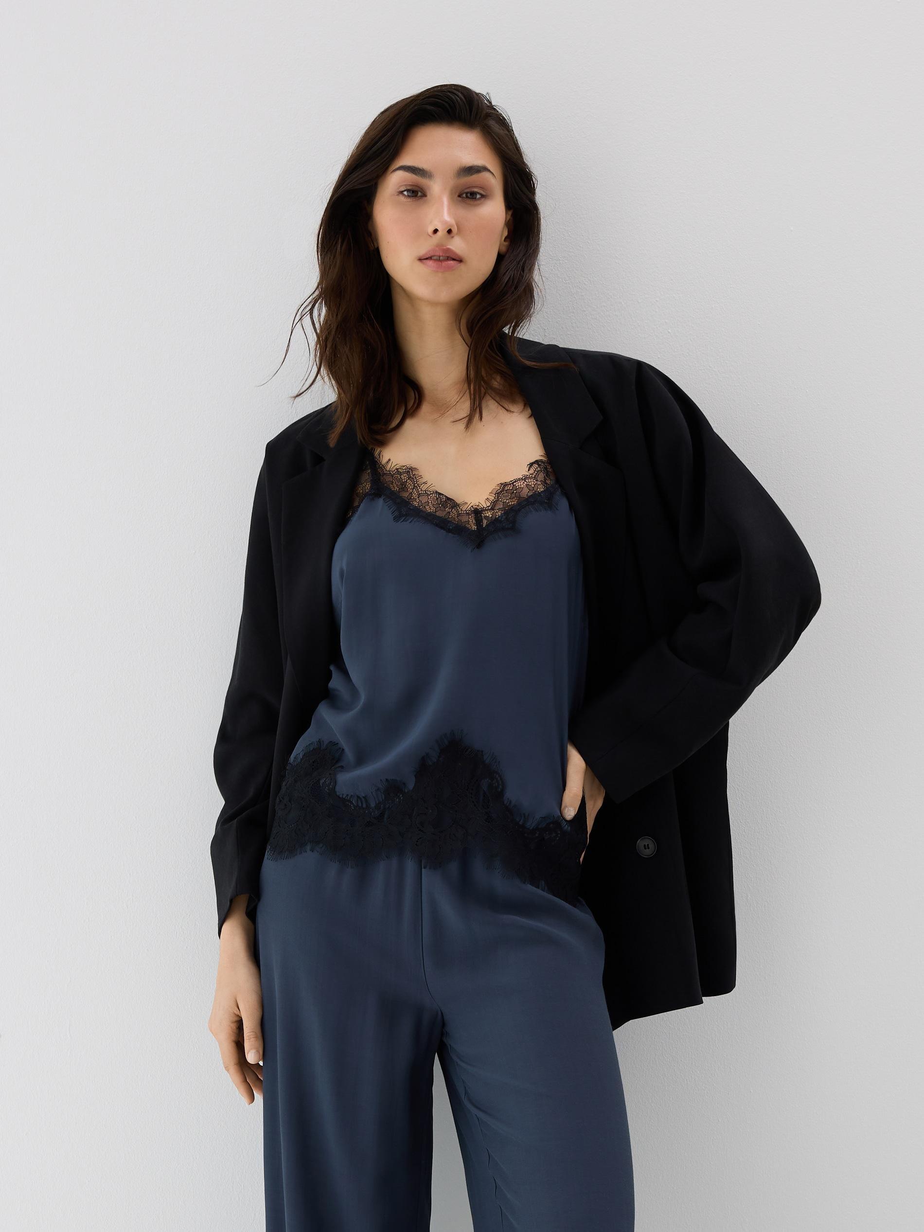 Navy Satin Pyjamas With Lace, Blue, medium