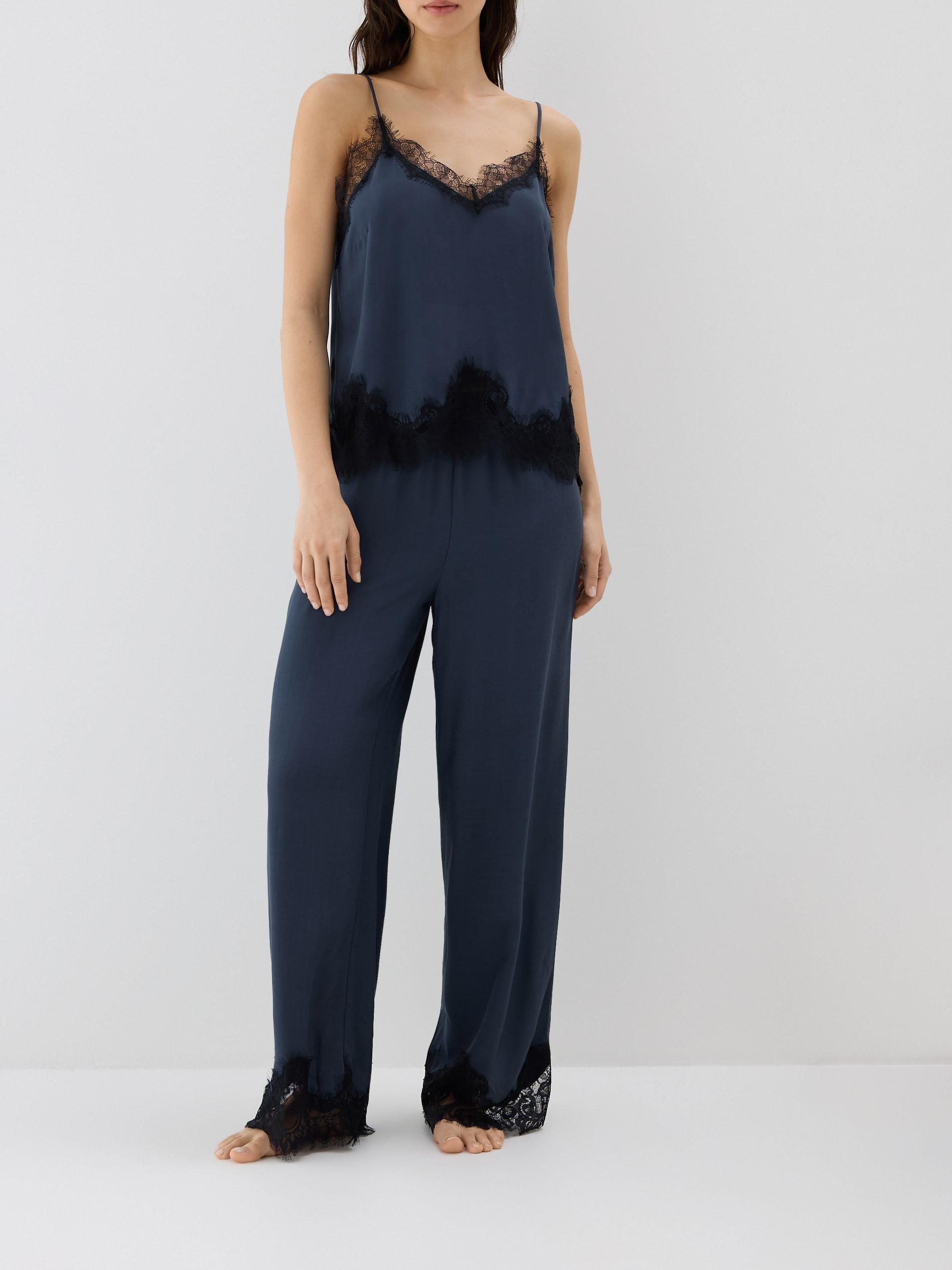 Navy Satin Pyjamas With Lace, Blue, medium