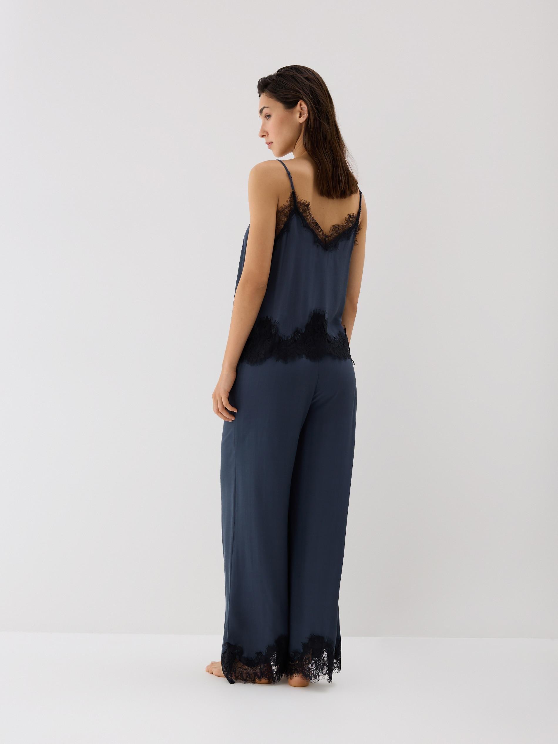 Navy Satin Pyjamas With Lace, Blue, large image number 3