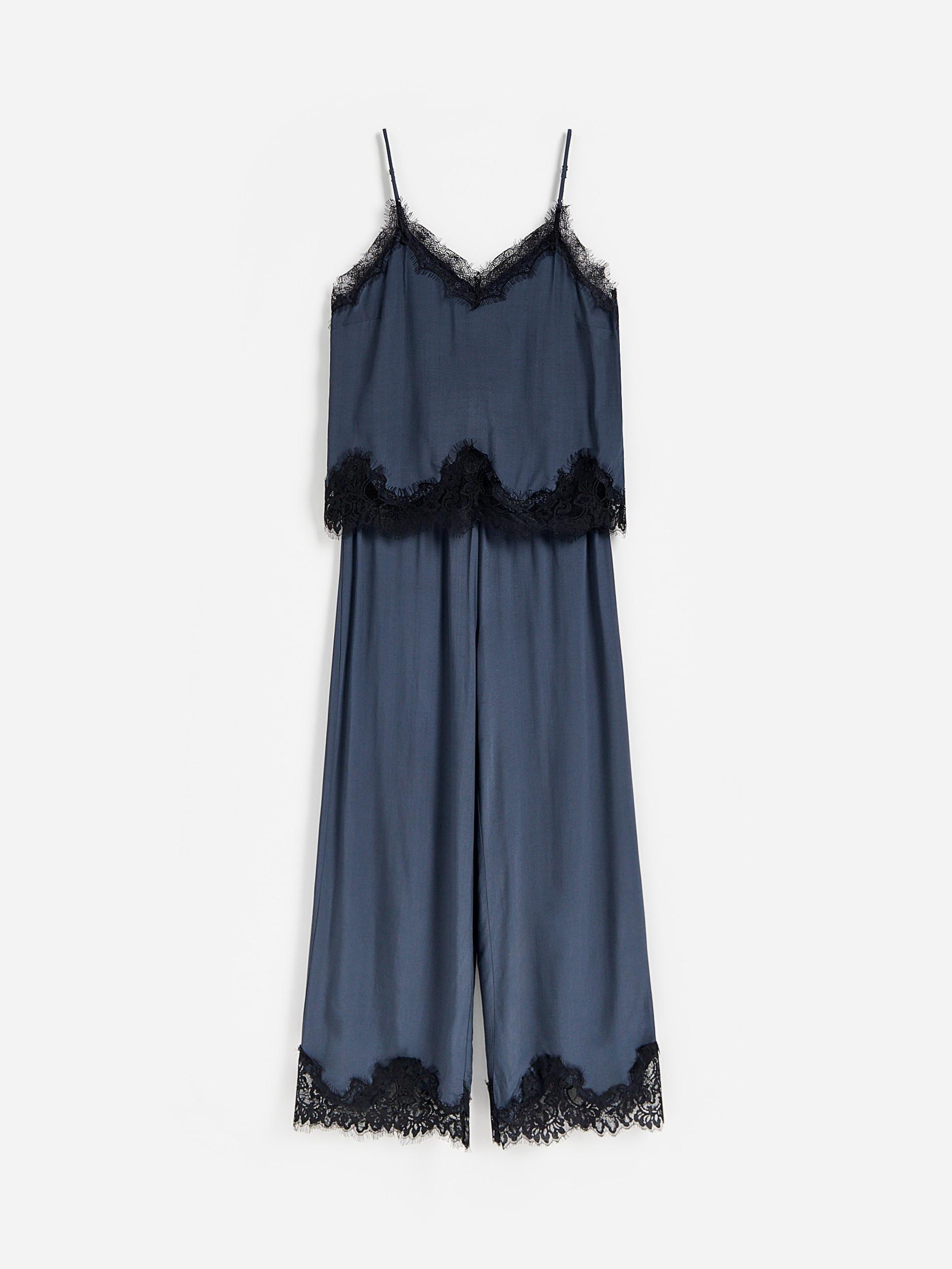 Navy Satin Pyjamas With Lace, Blue, large image number 4