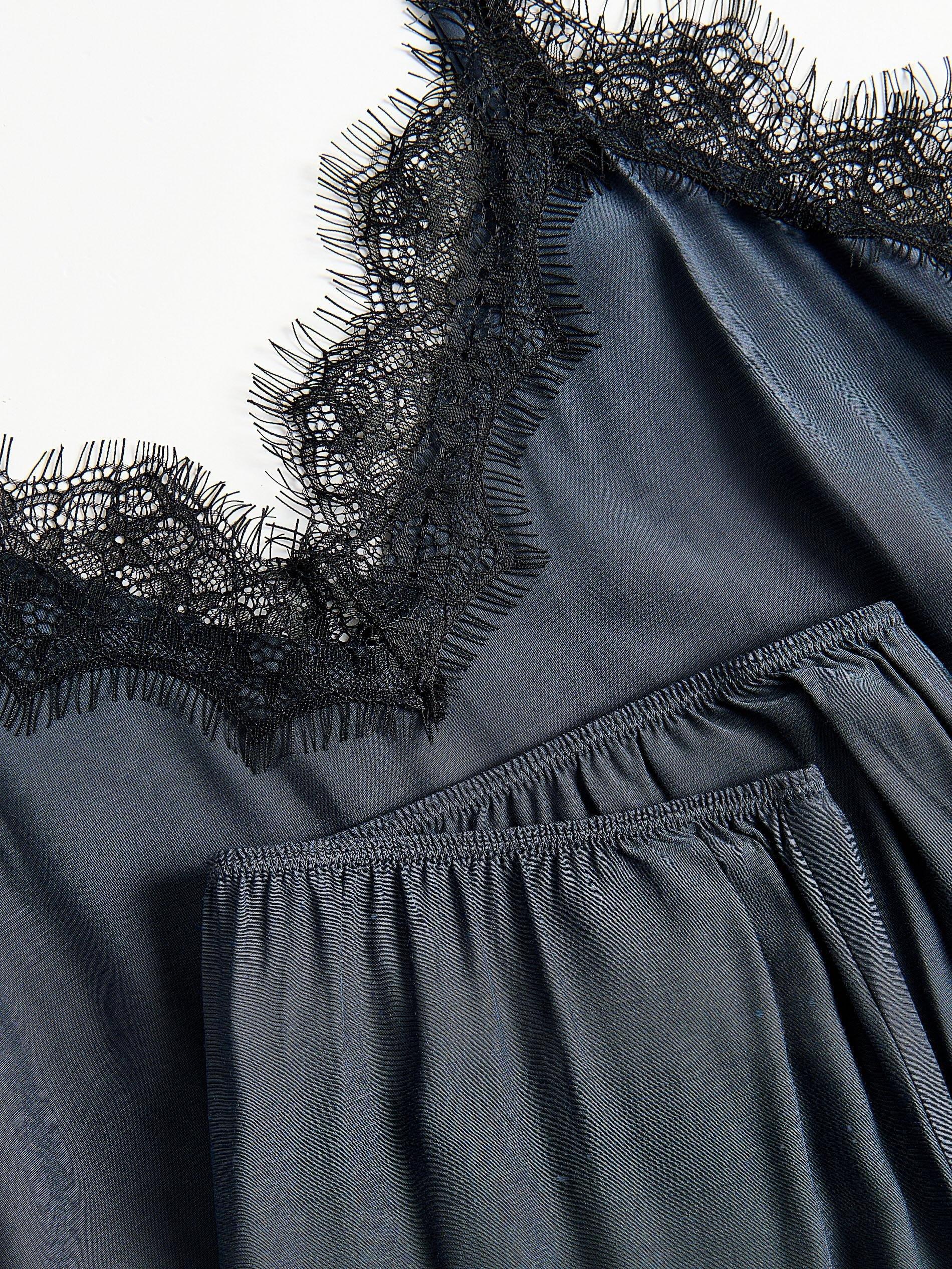 Navy Satin Pyjamas With Lace, Blue, large image number 5