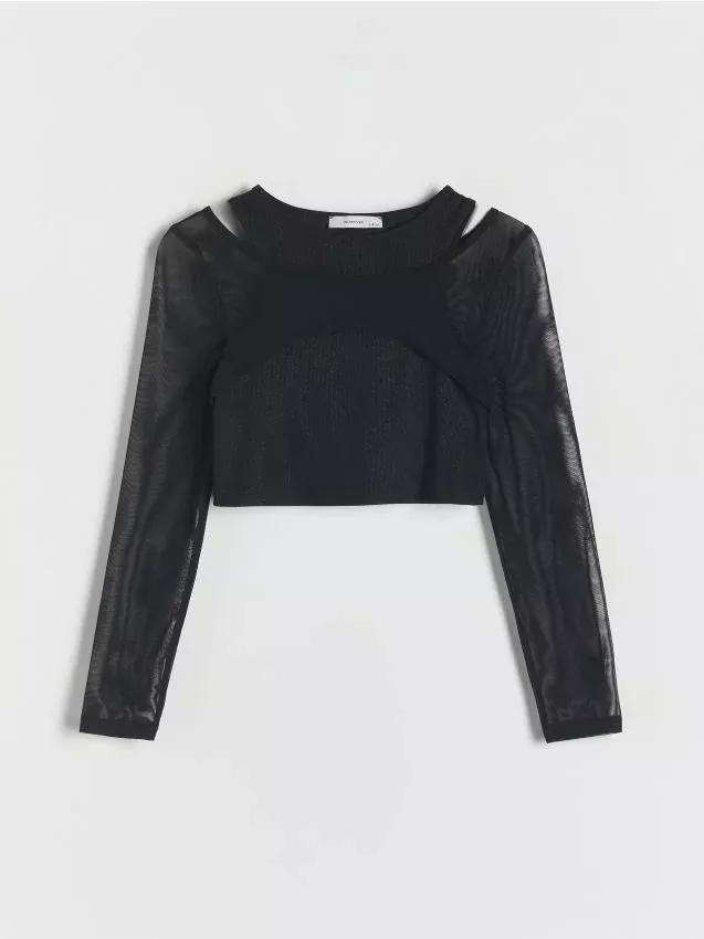 Black Mesh Sleeves Blouse, , large image number 0
