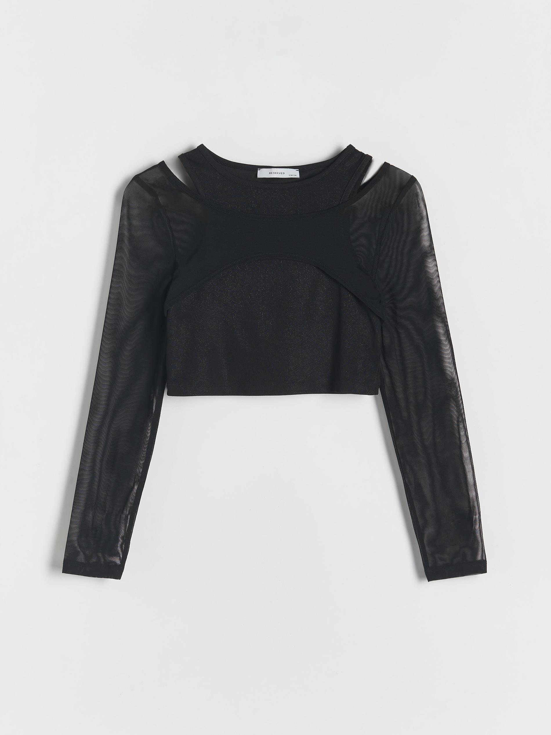 Black Mesh Sleeves Blouse, , large image number 1