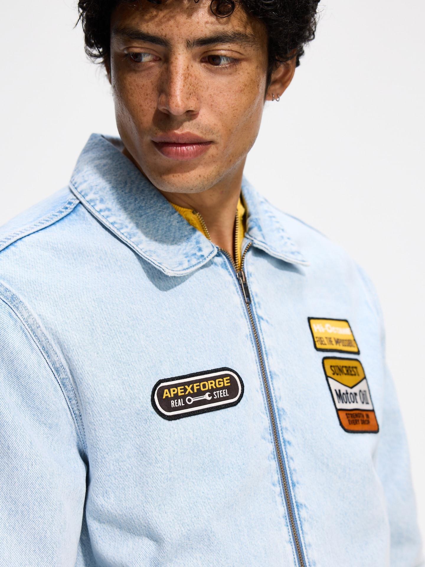 Blue Denim Jacket With Patches, Blue, medium
