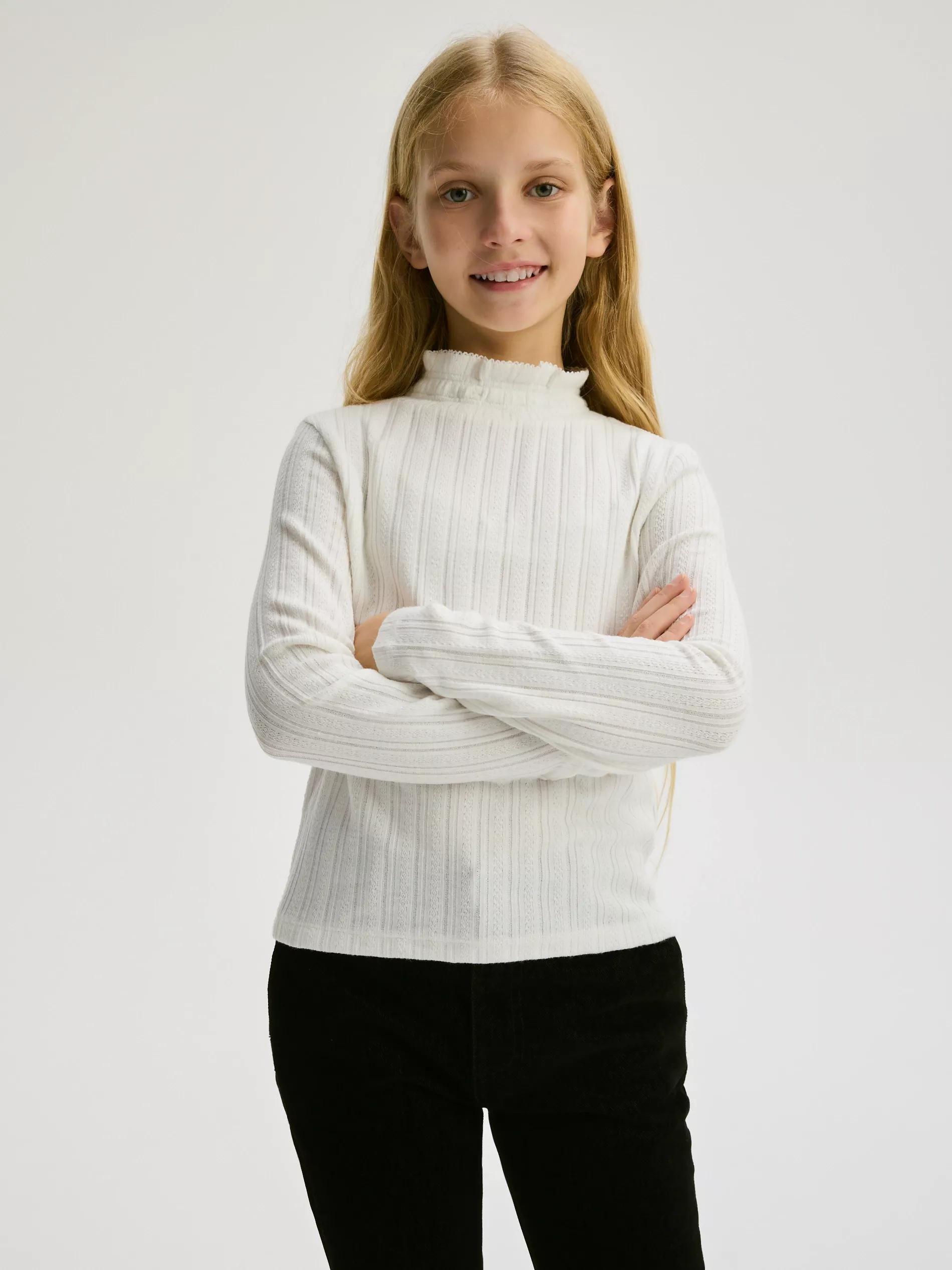 White Blended Turtleneck Blouse, Kids Girls, , large image number 0