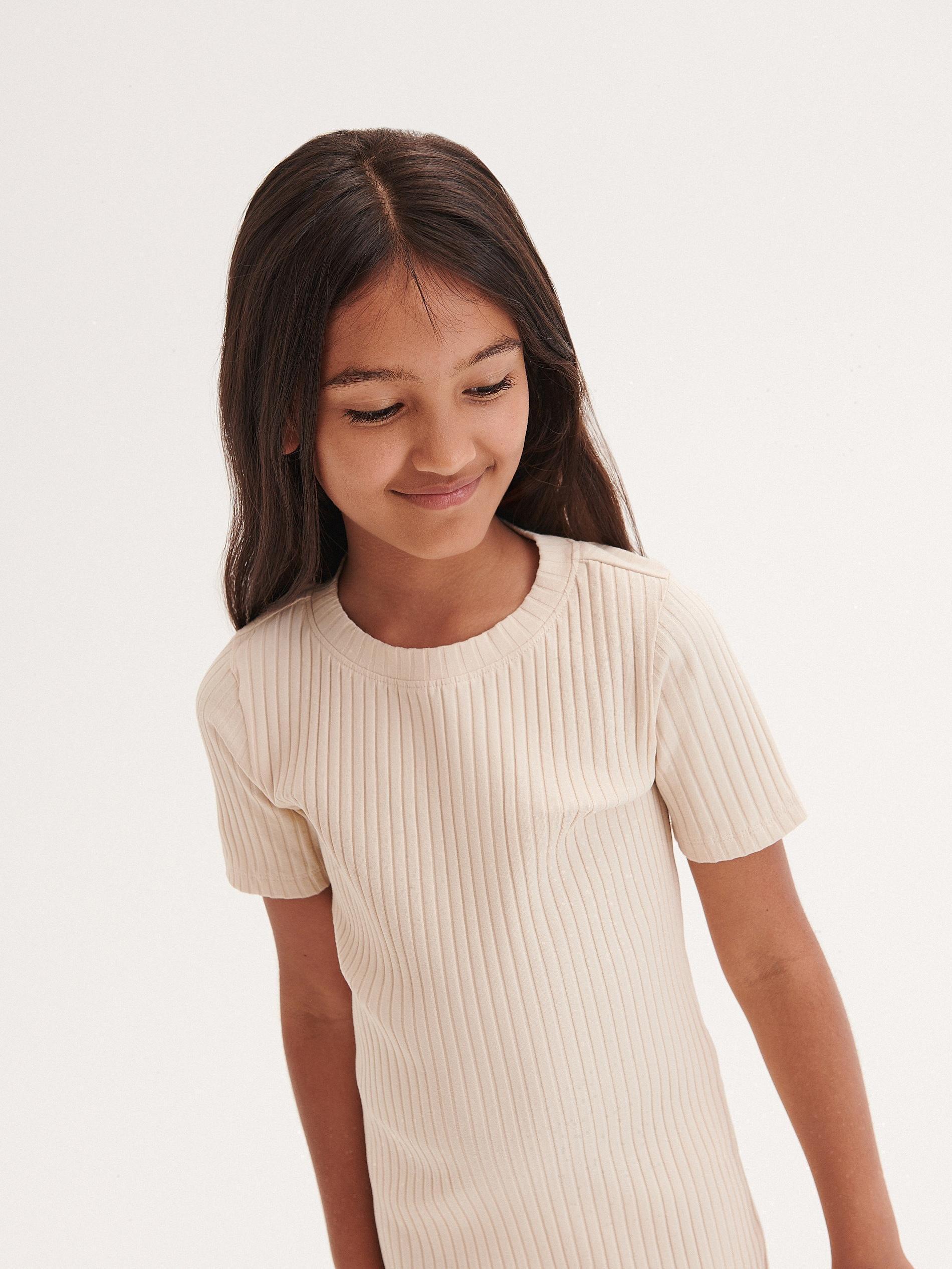 Beige Rib Knit Rich Dress, Kids Girls, , large image number 0
