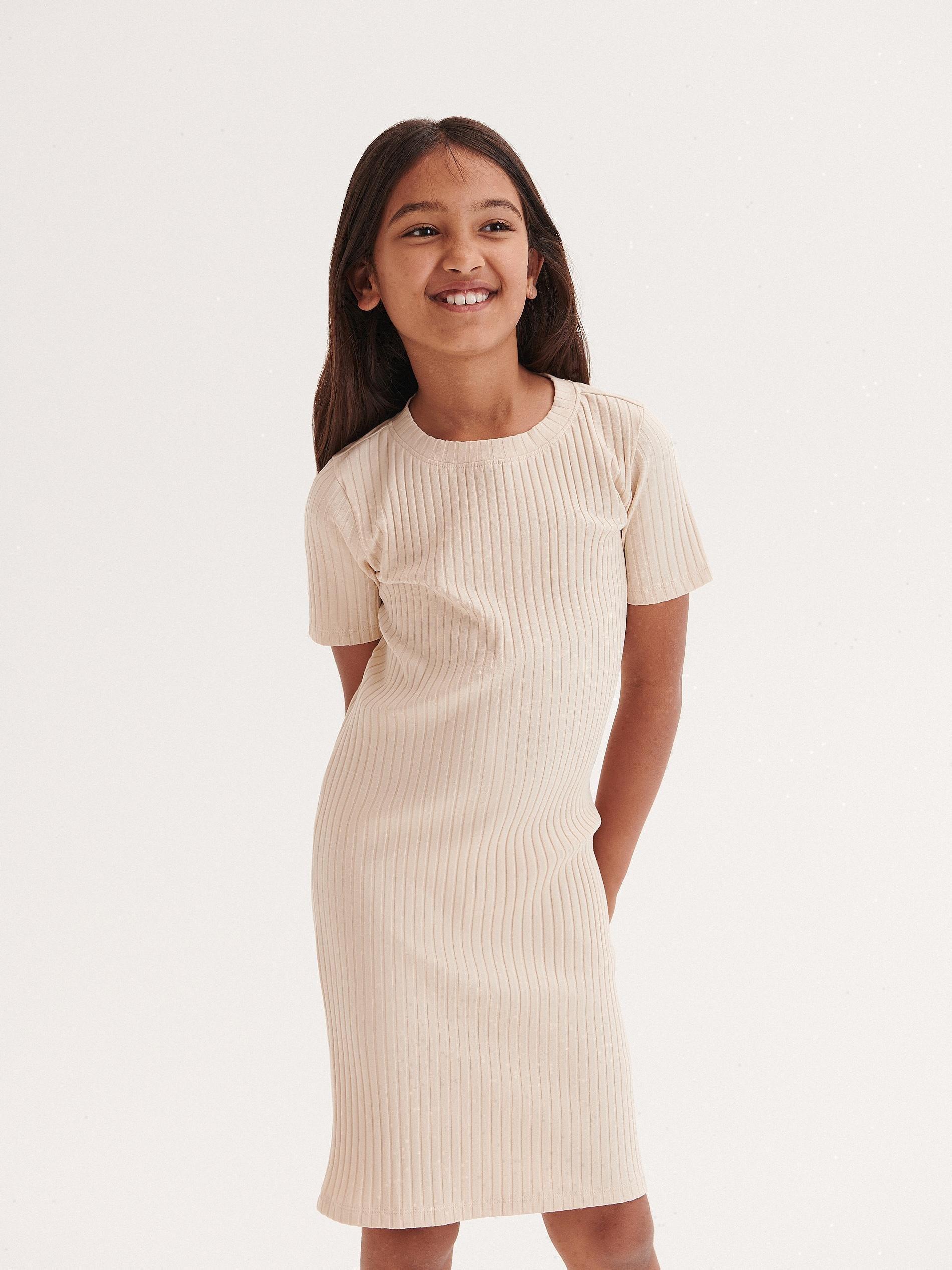 Beige Rib Knit Rich Dress, Kids Girls, , large image number 2
