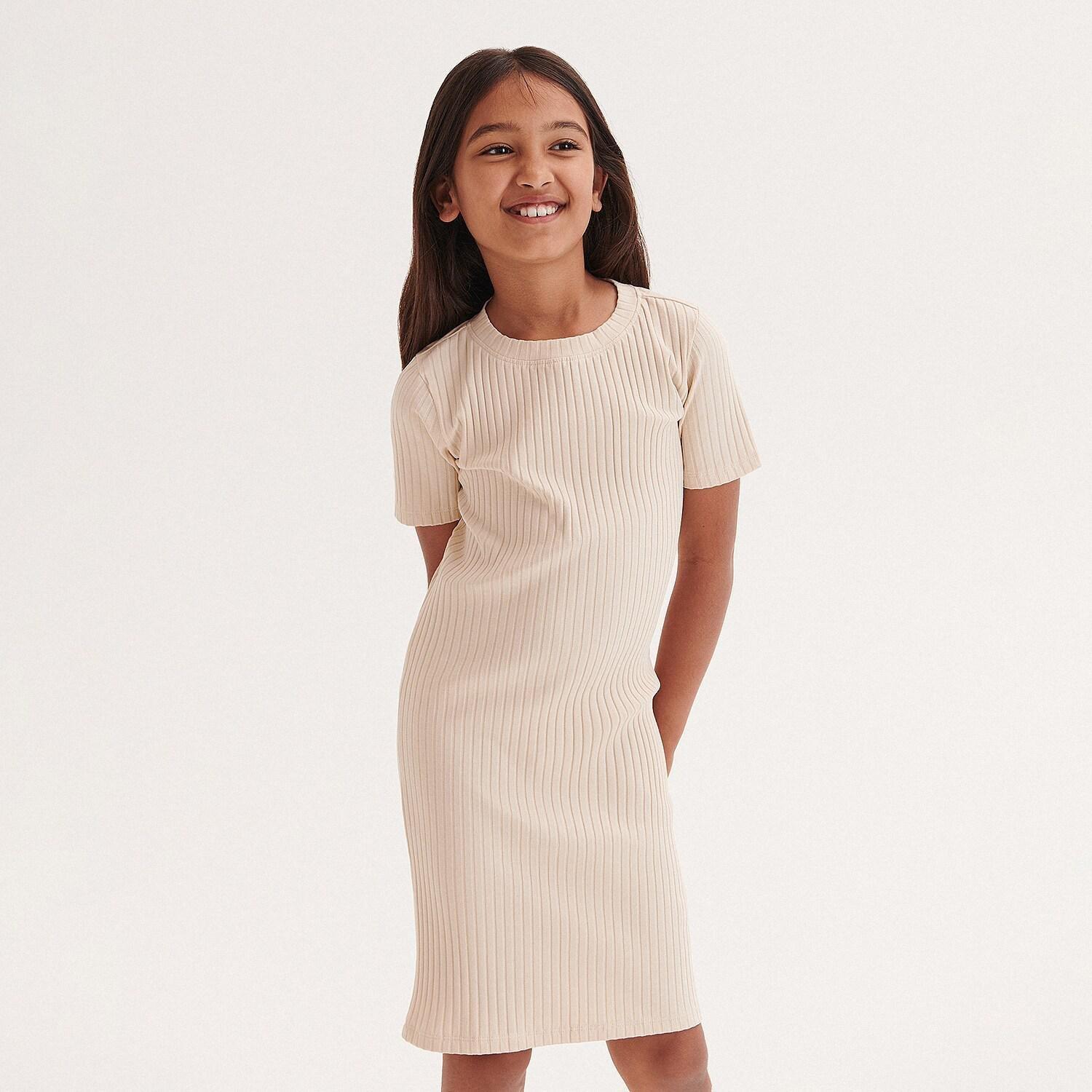 Beige Rib Knit Rich Dress, Kids Girls, , large image number 3