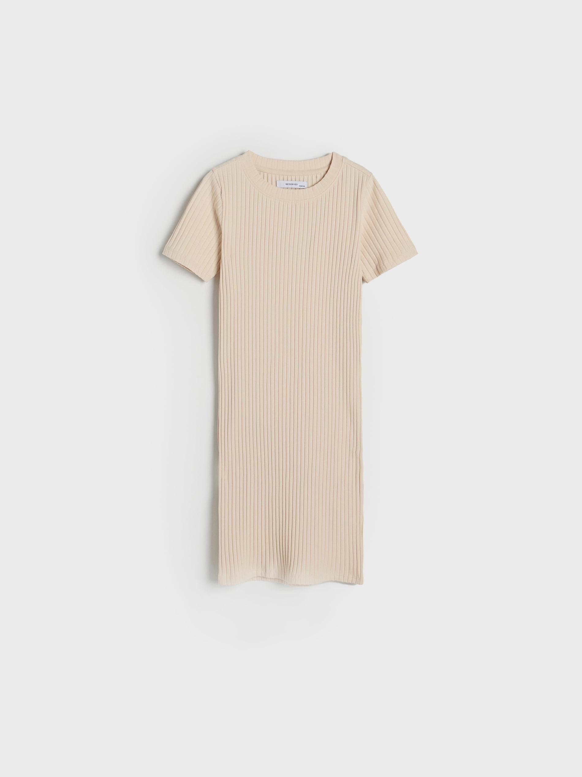 Beige Rib Knit Rich Dress, Kids Girls, , large image number 4