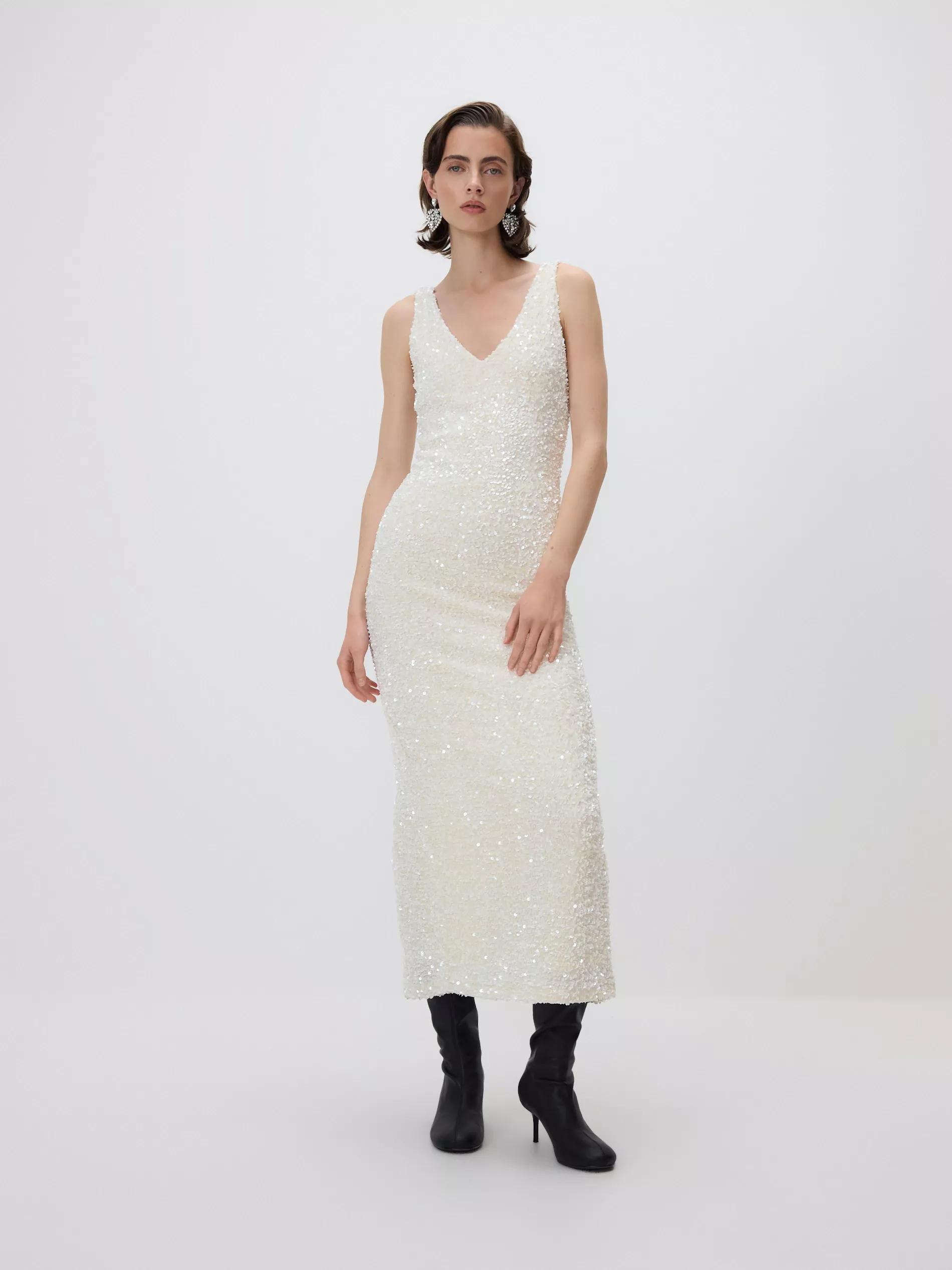 Beige Sequin Dress, Ivory, large image number 0