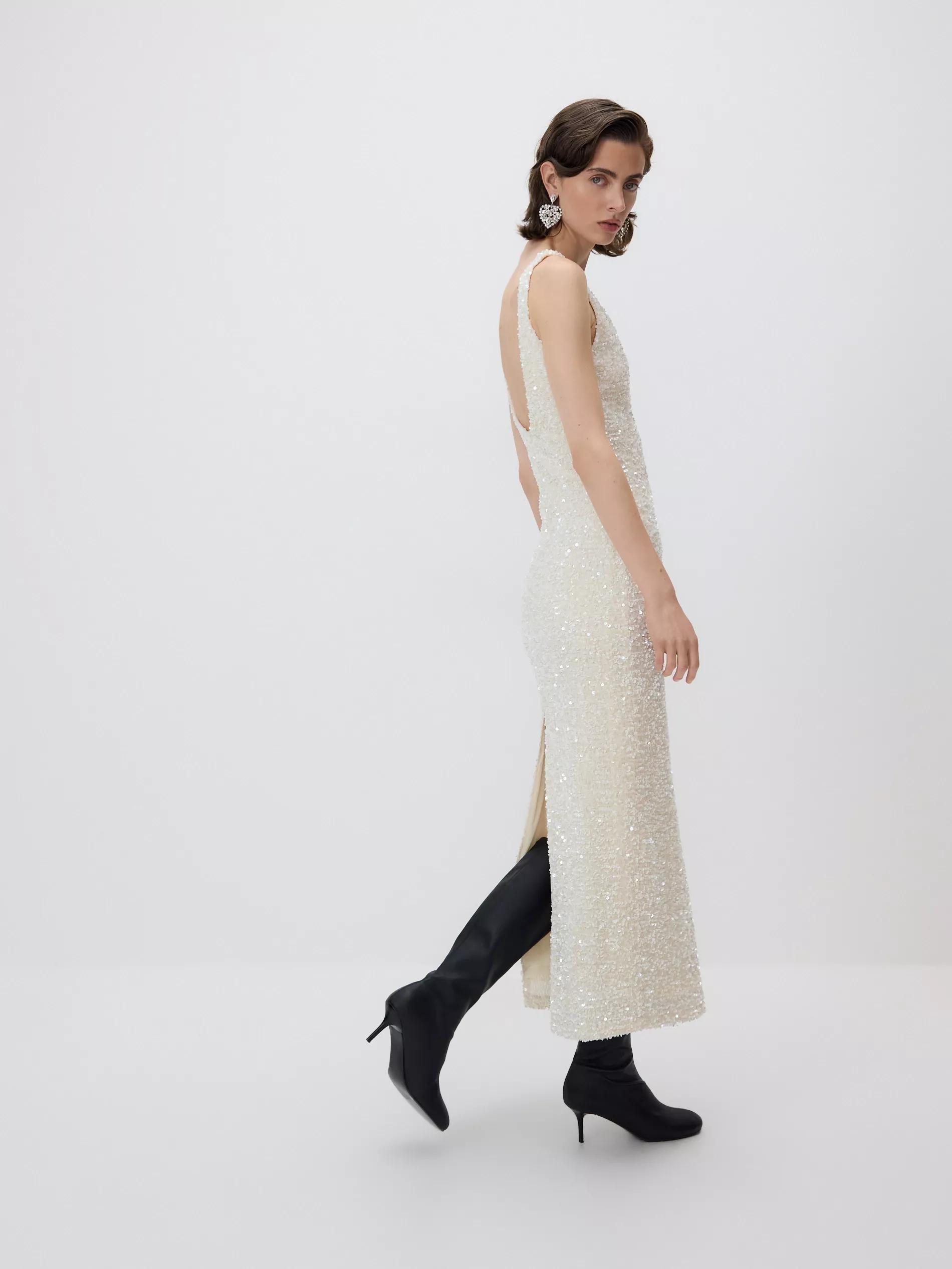 Beige Sequin Dress, Ivory, large image number 3