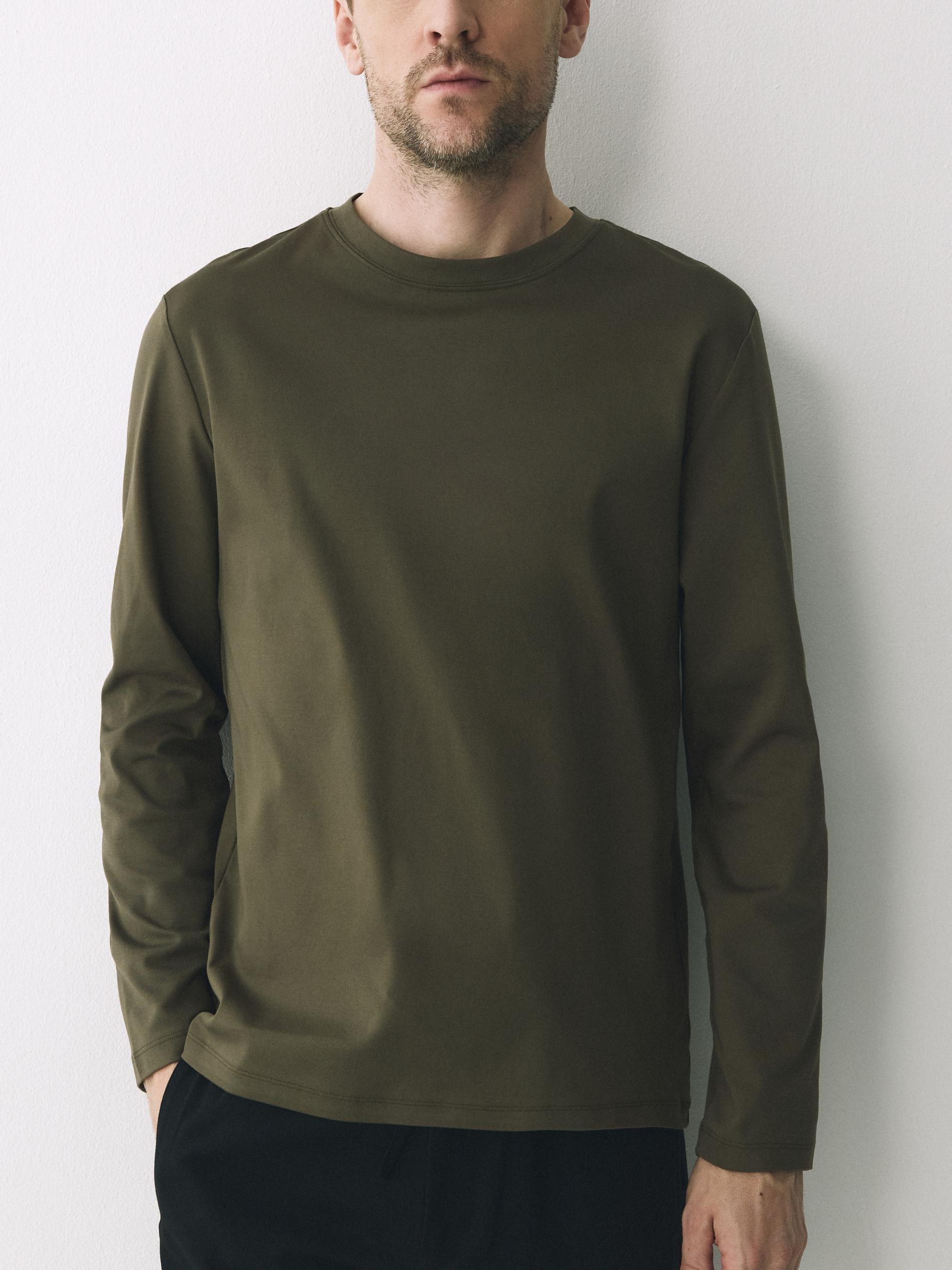 Green Mercerised Cotton Rich Long Sleeve T-Shirt, Khaki, medium
