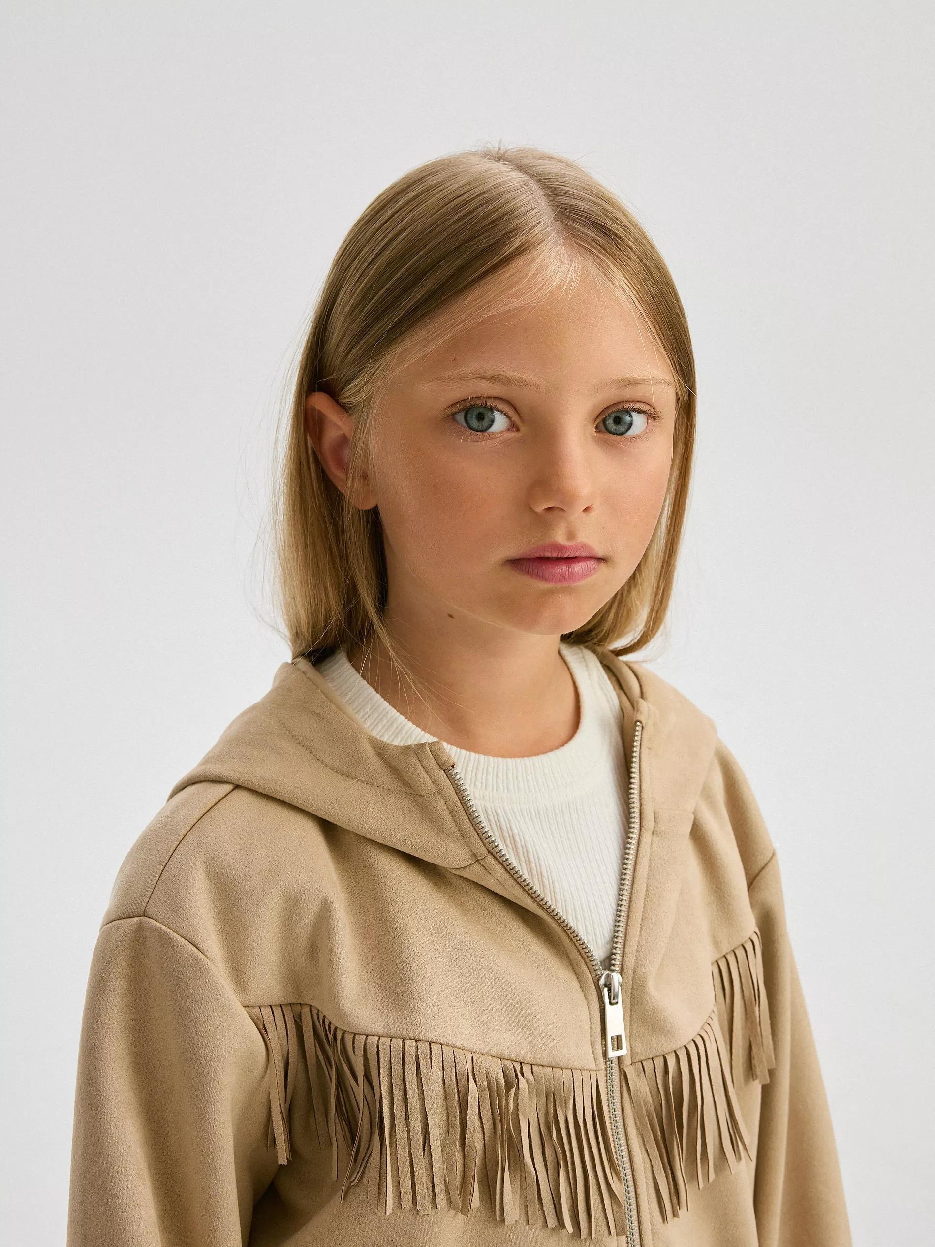 Beige Bomber Jacket With Fringes, , large image number 0