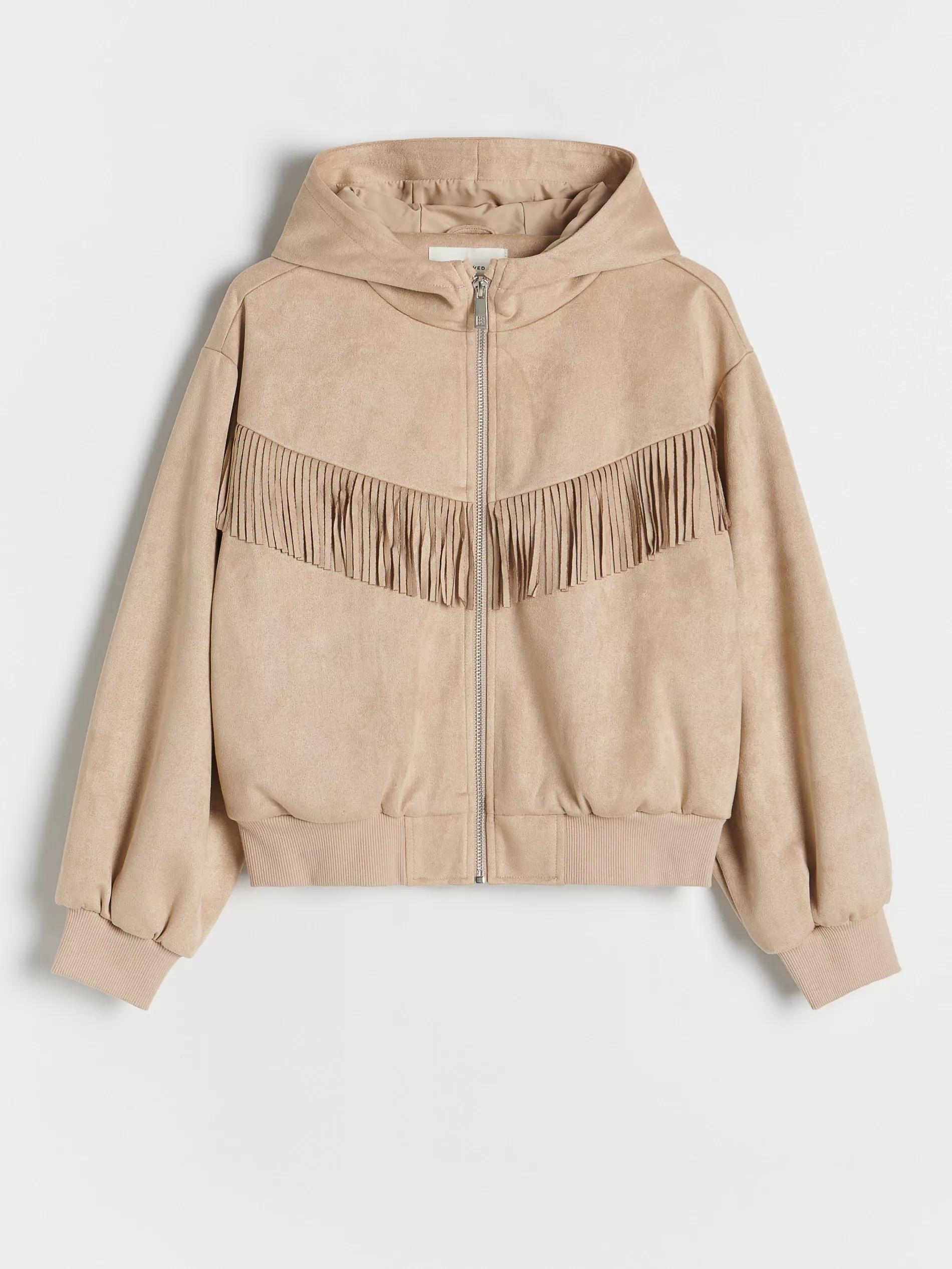 Beige Bomber Jacket With Fringes, , large image number 1