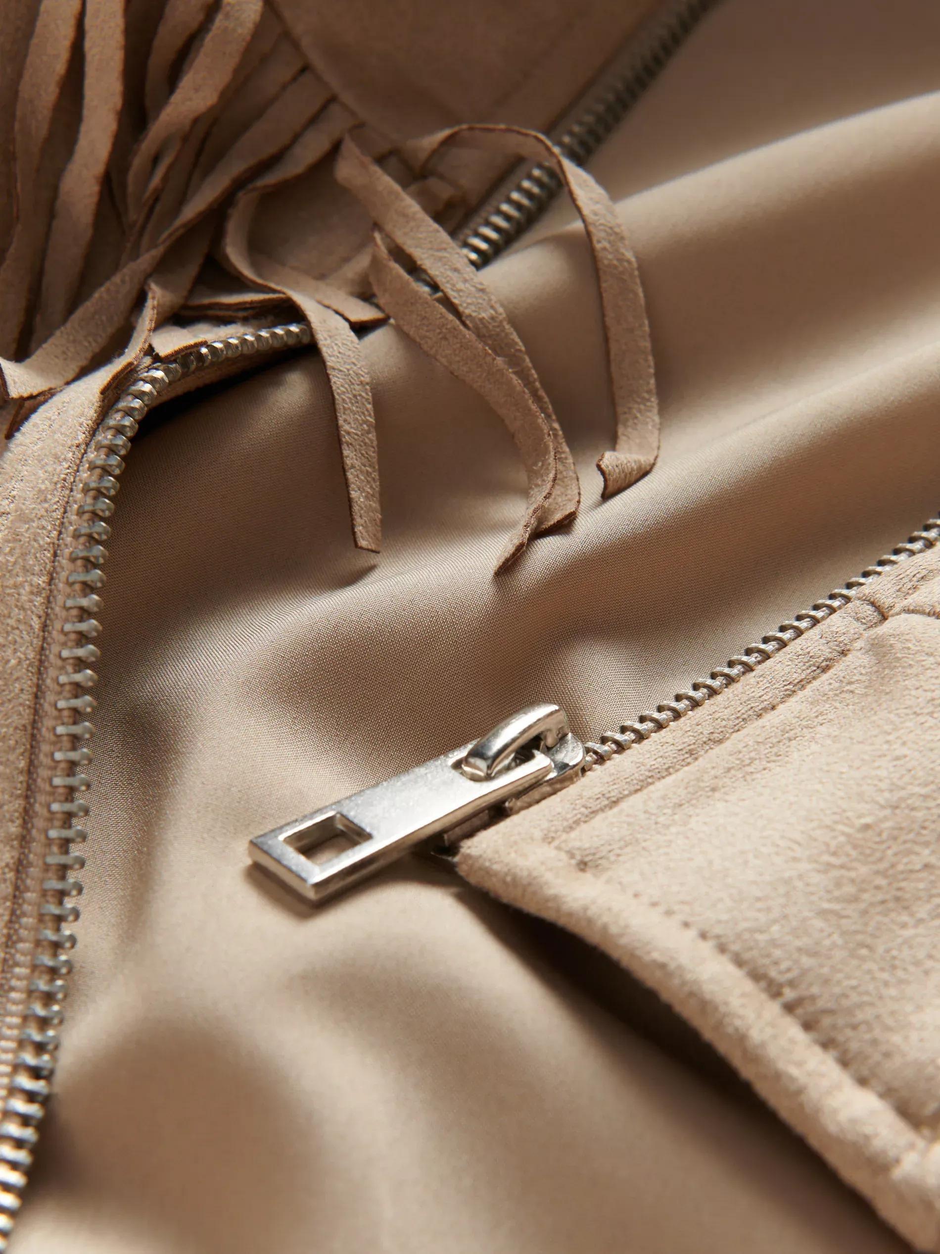 Beige Bomber Jacket With Fringes, , large image number 5
