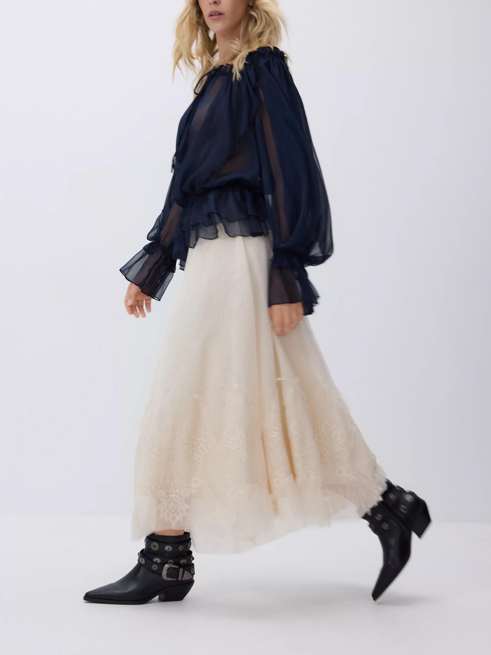 Cream Skirt With Lace Embellishment, , medium