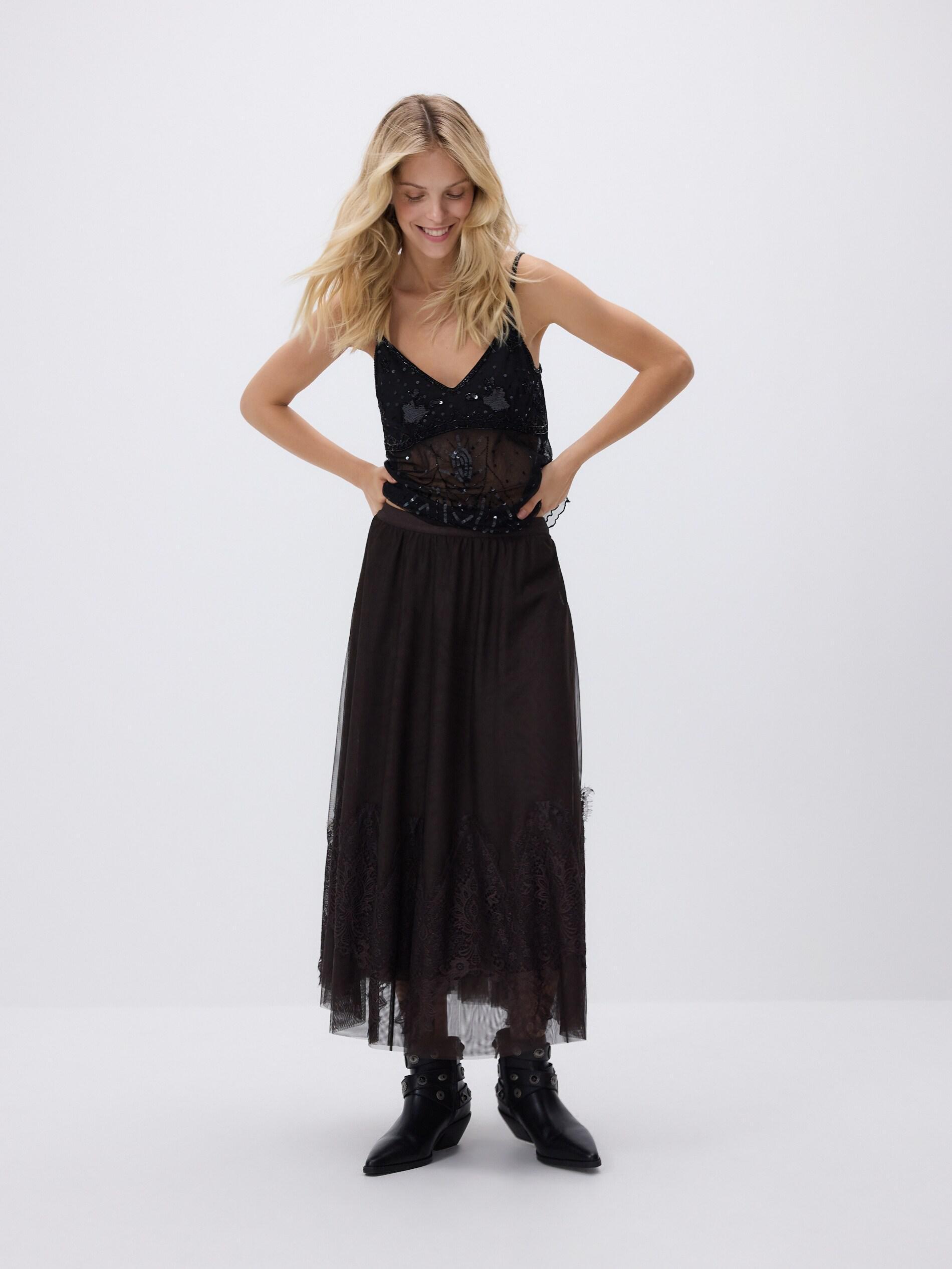 Brown Skirt With Lace Embellishment, Brown, large image number 0