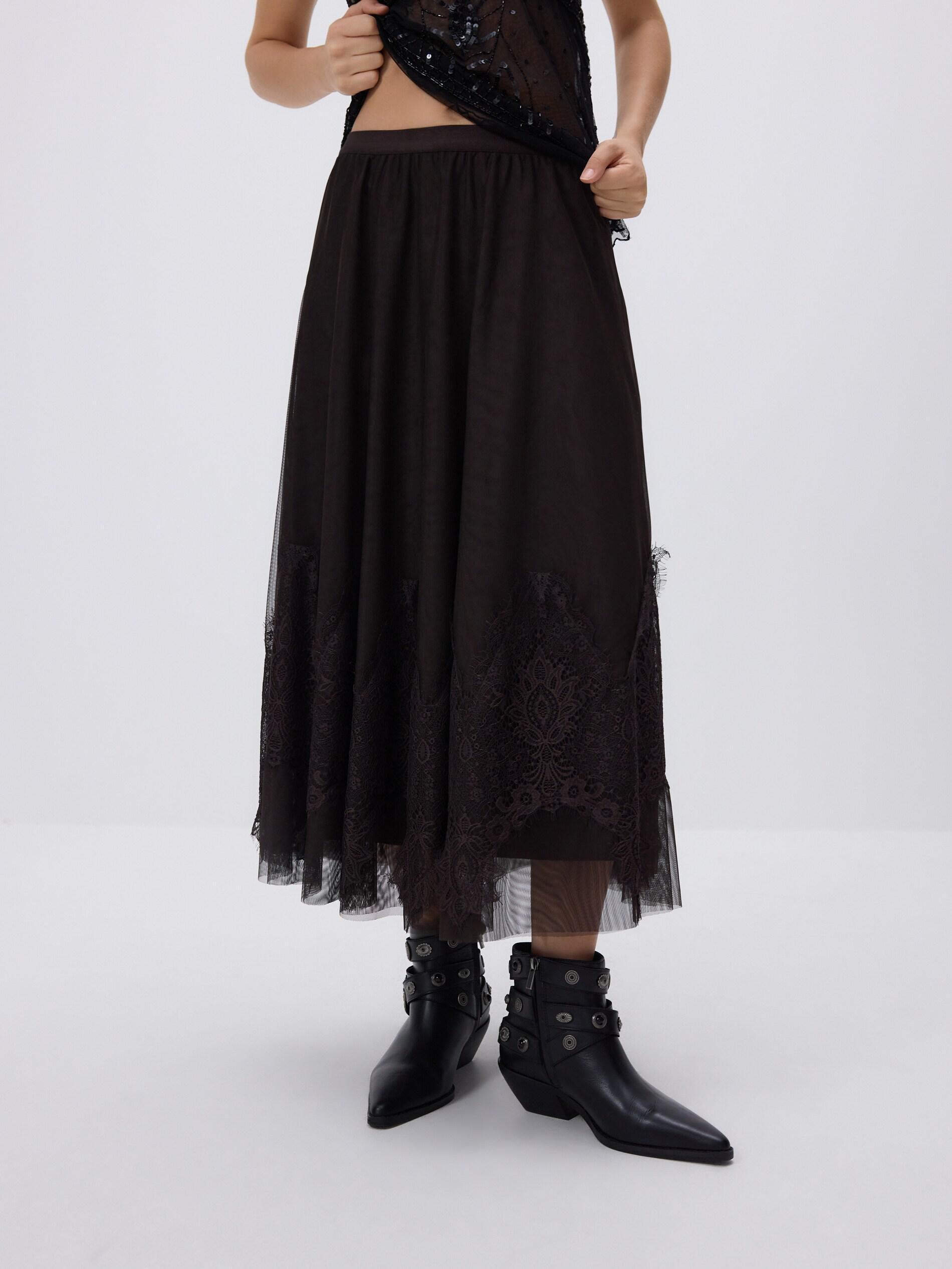 Brown Skirt With Lace Embellishment, Brown, large image number 1