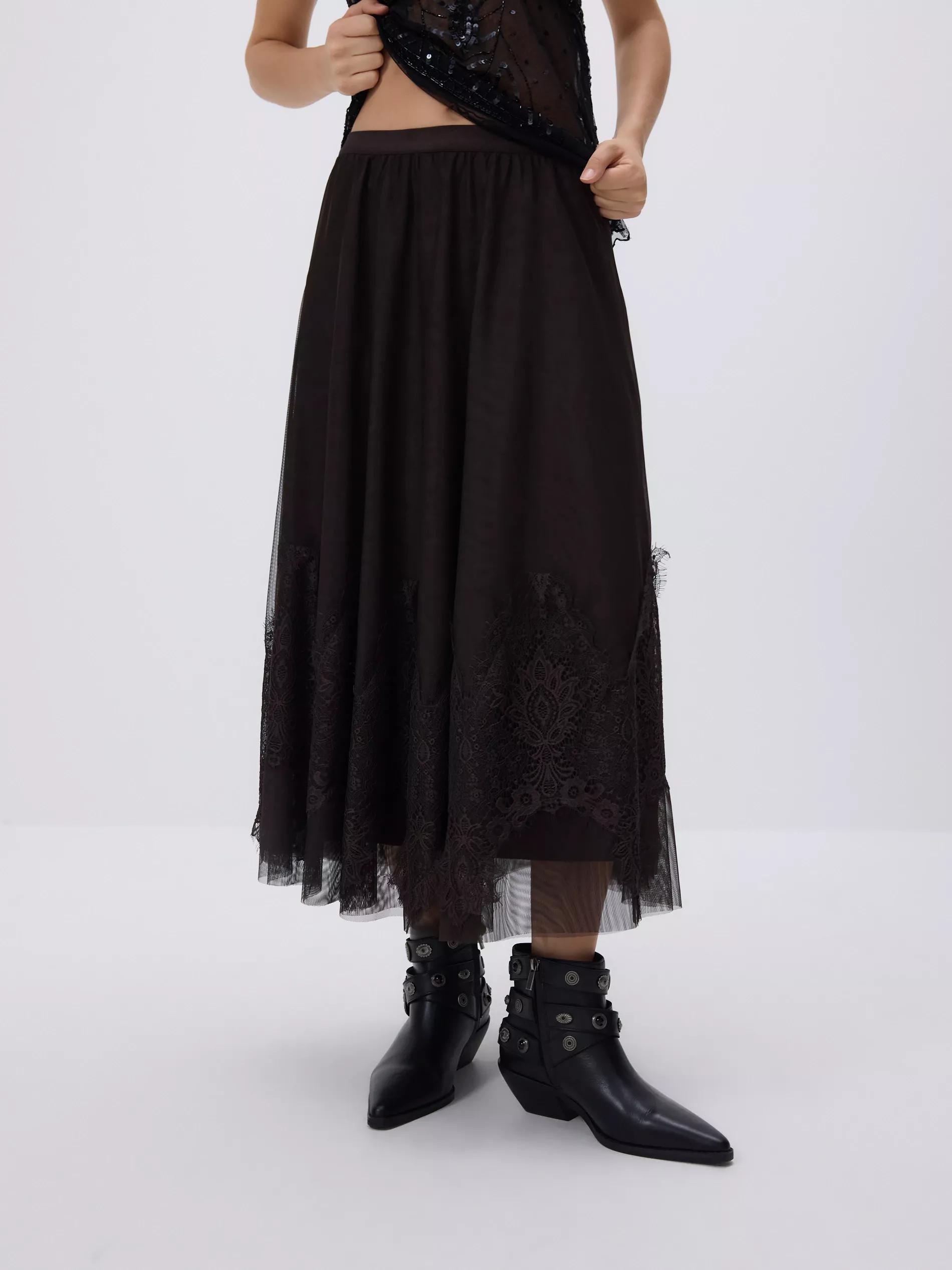 Brown Skirt With Lace Embellishment, , large image number 2
