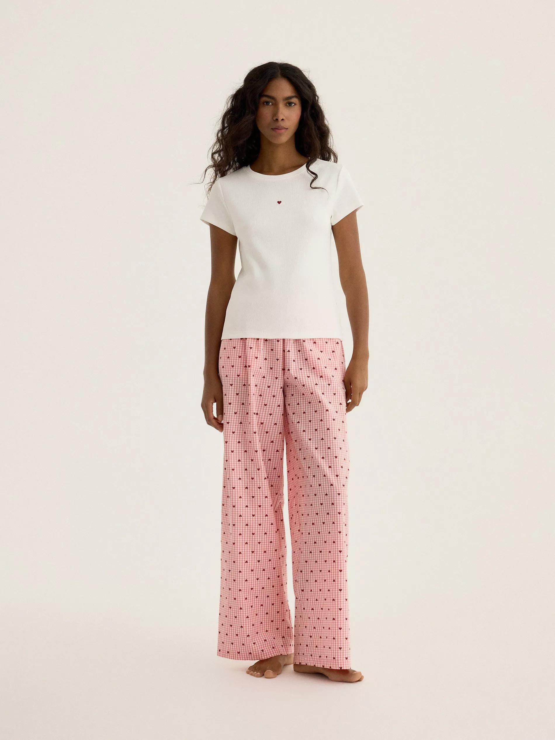 Cream Two Piece Pyjama Set With Heart Print, Ivory, large image number 0