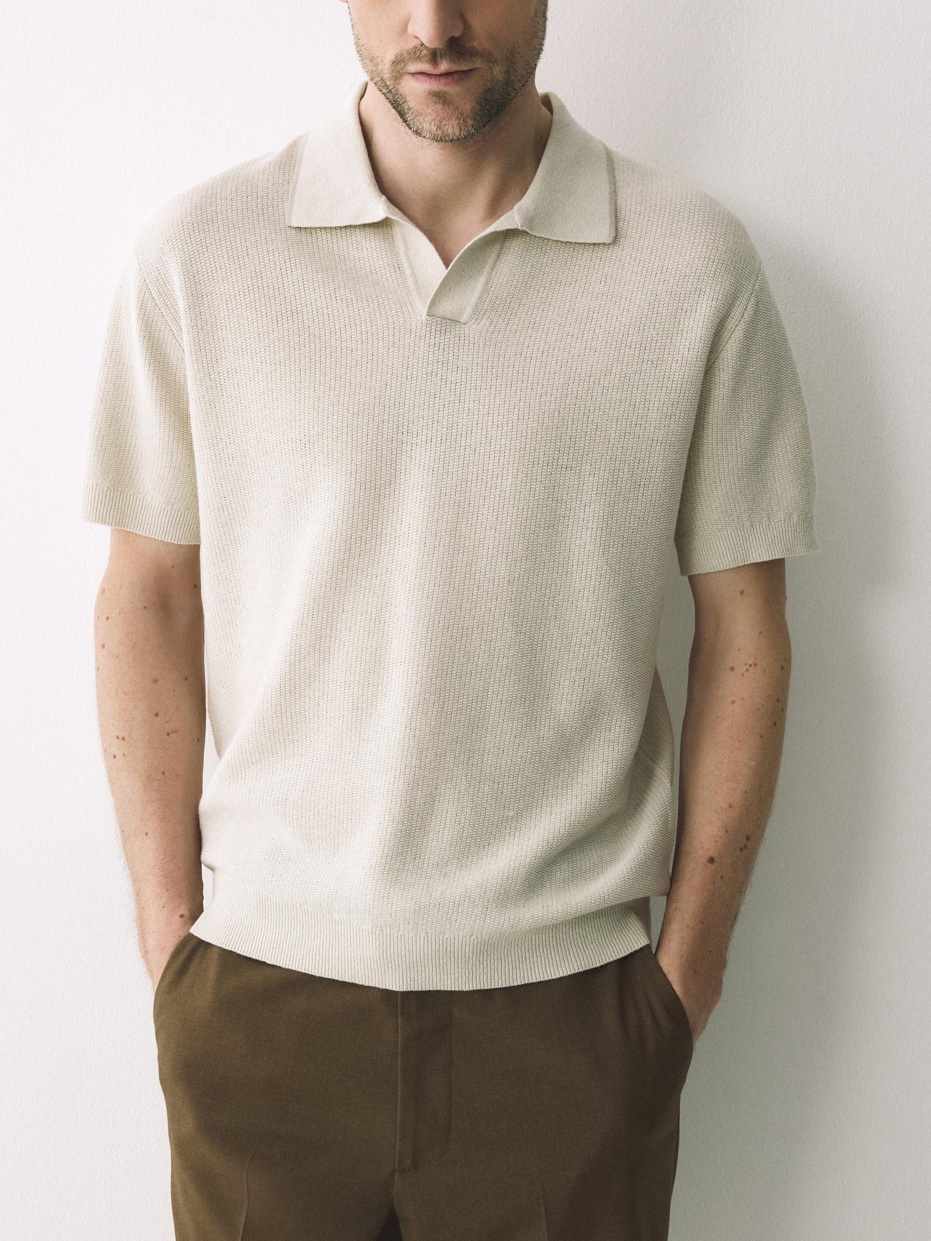 Cream Linen Polo Shirt, Ivory, large image number 1