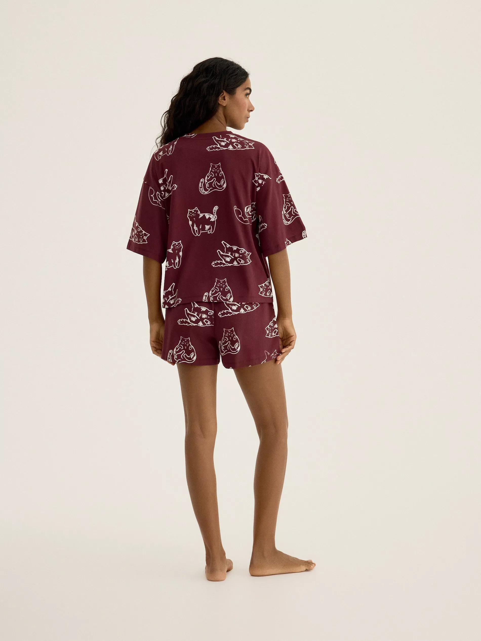Burgundy Two Piece Pyjama Set With Cat Print, Burgundy, large image number 1