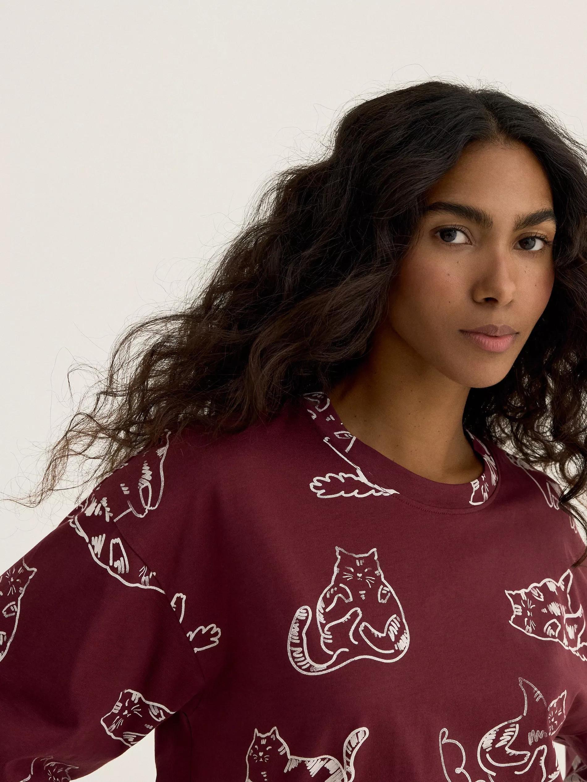 Burgundy Two Piece Pyjama Set With Cat Print, Burgundy, large image number 3