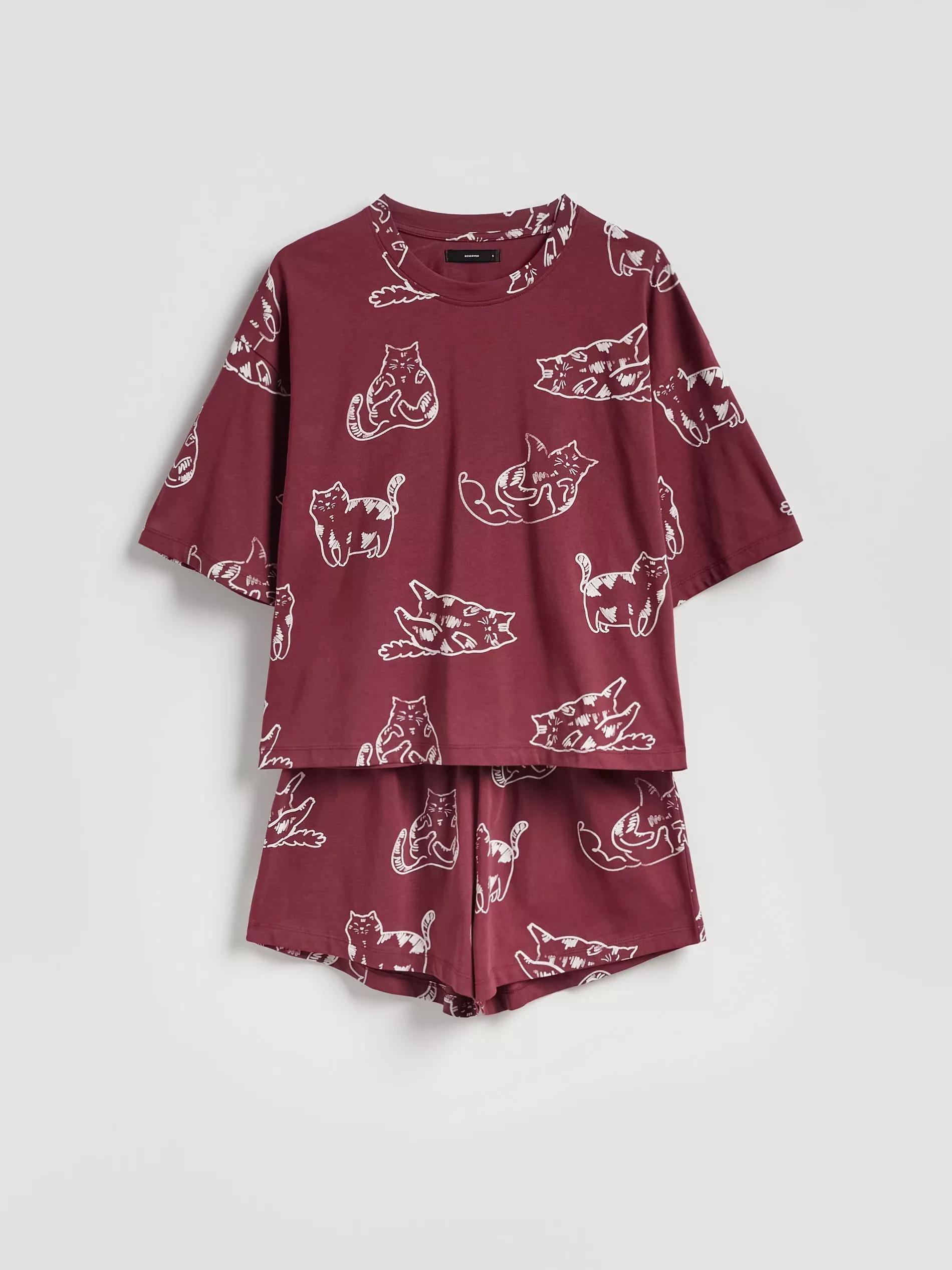 Burgundy Two Piece Pyjama Set With Cat Print, Burgundy, large image number 4