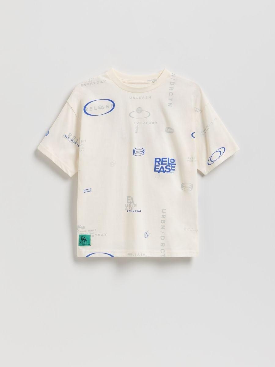 Cream Cotton T-Shirt With Print, Ivory, medium