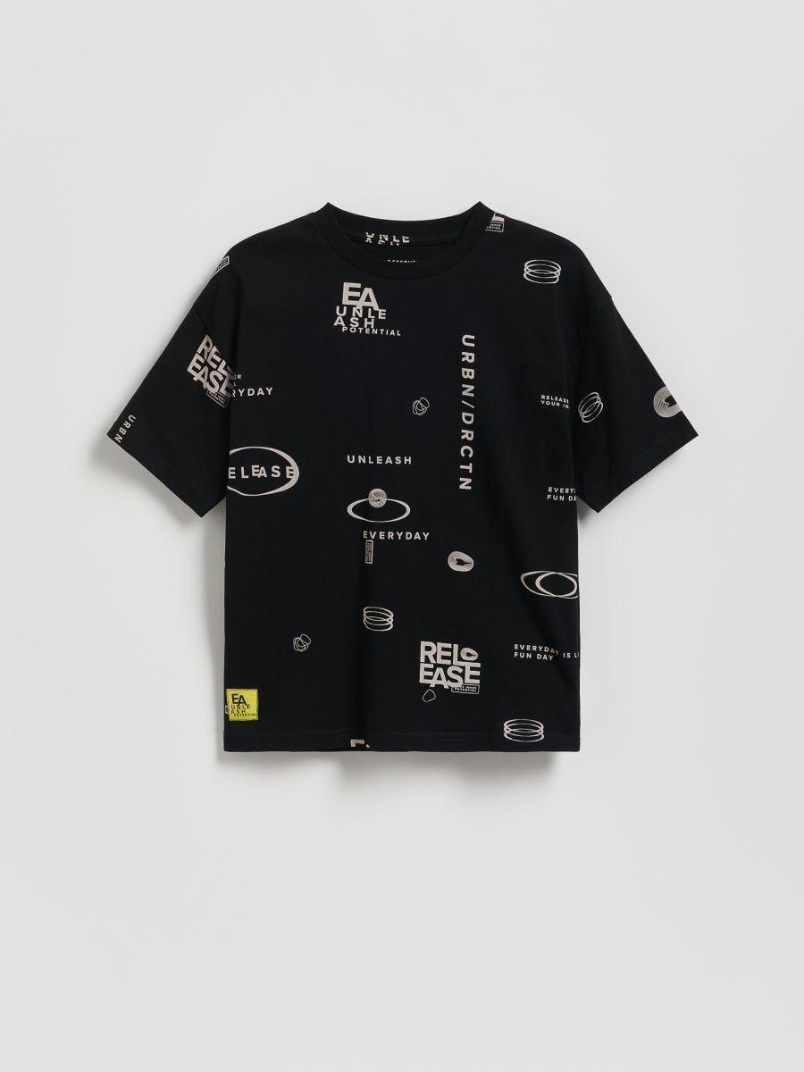 Black Cotton T-Shirt With Print, Black, medium