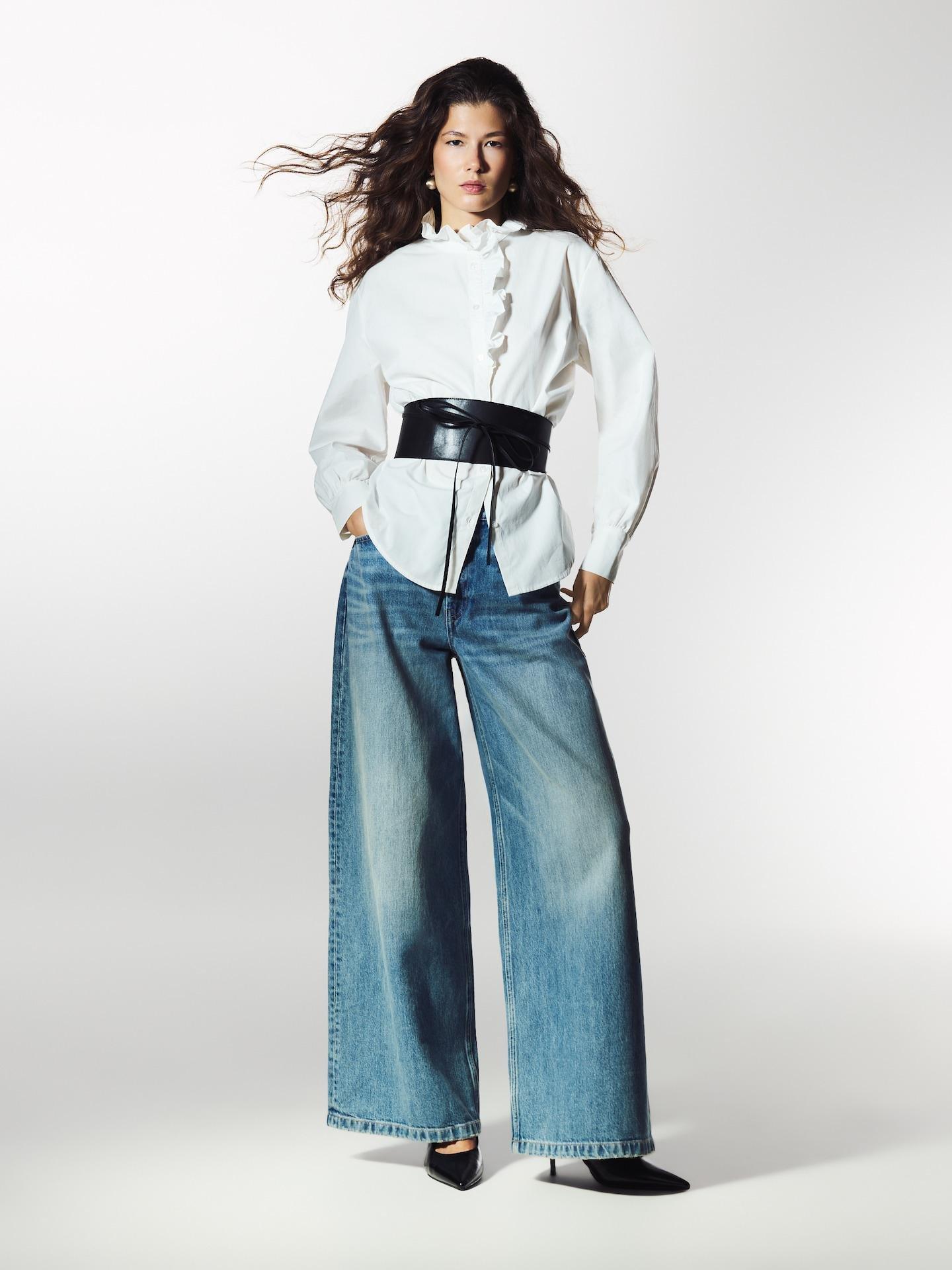 White Cotton Shirt With Standing Collar, White, large image number 0
