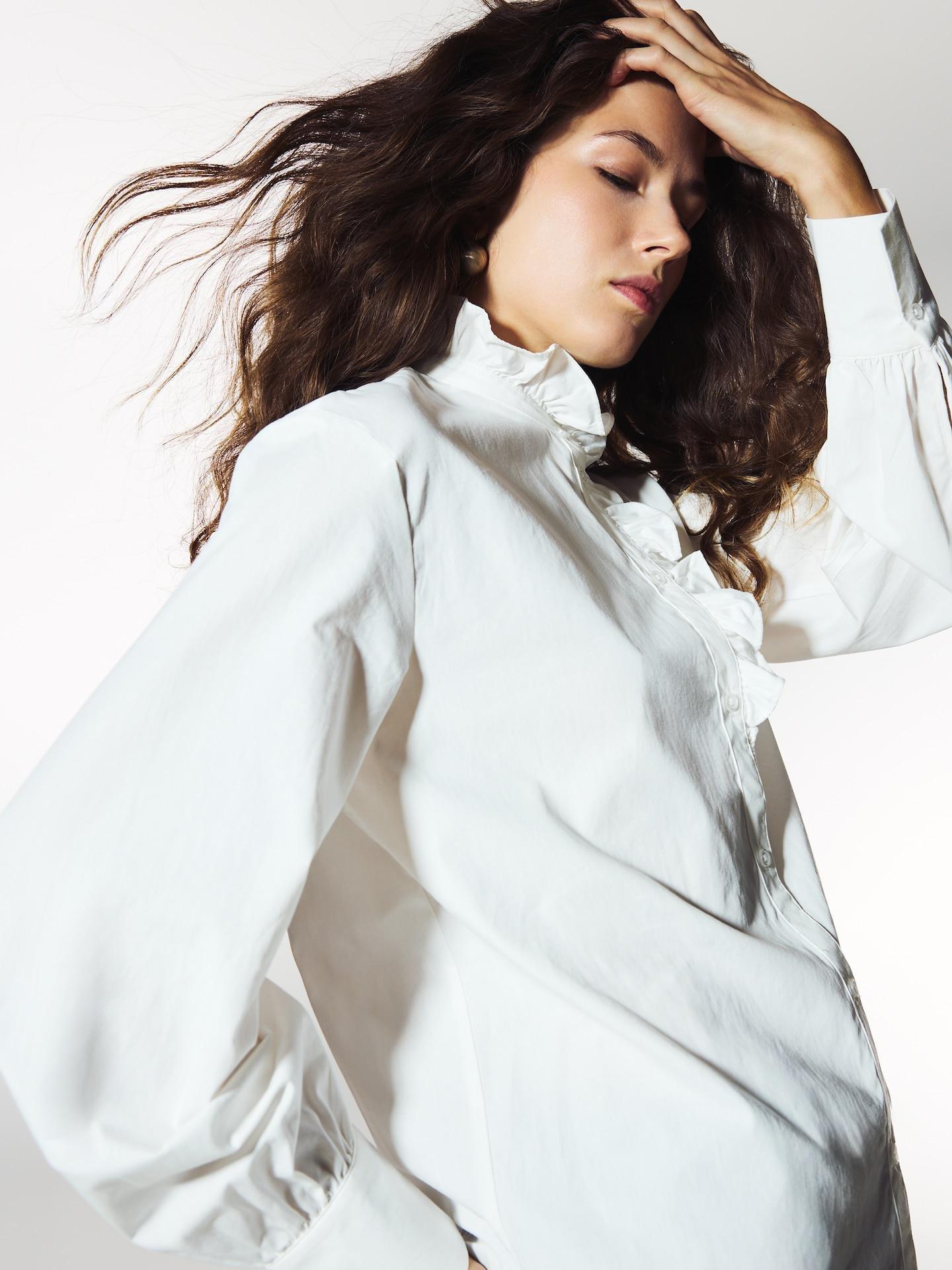 White Cotton Shirt With Standing Collar, White, large image number 1