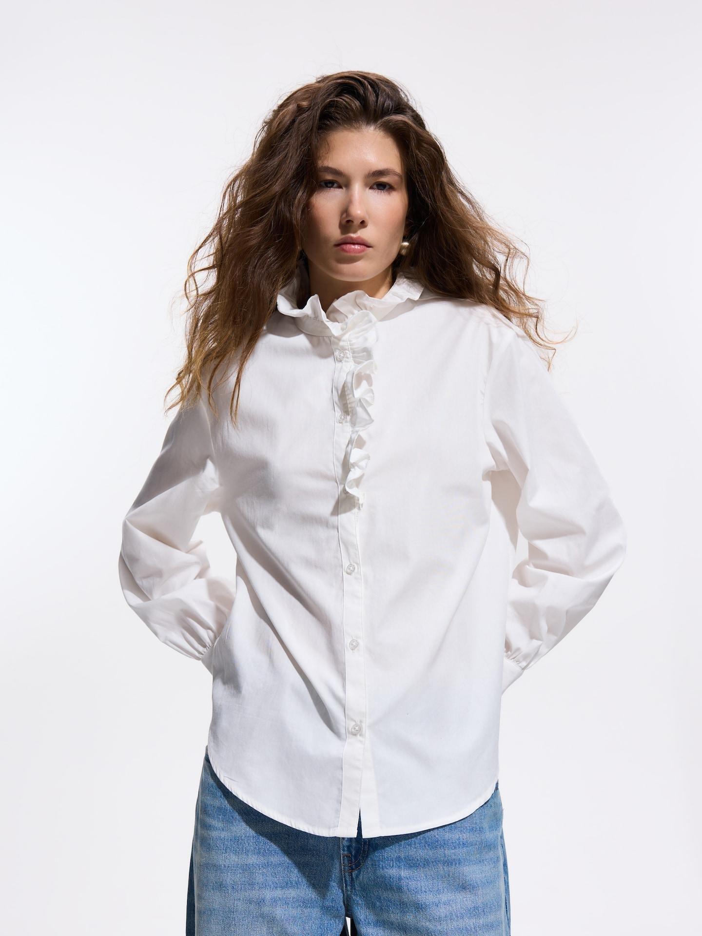White Cotton Shirt With Standing Collar, White, large image number 4