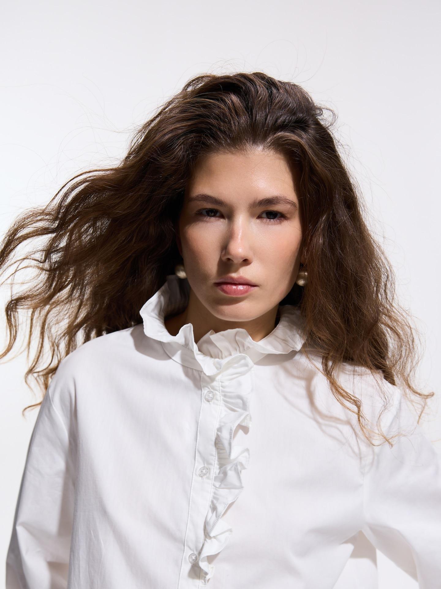 White Cotton Shirt With Standing Collar, White, large image number 5
