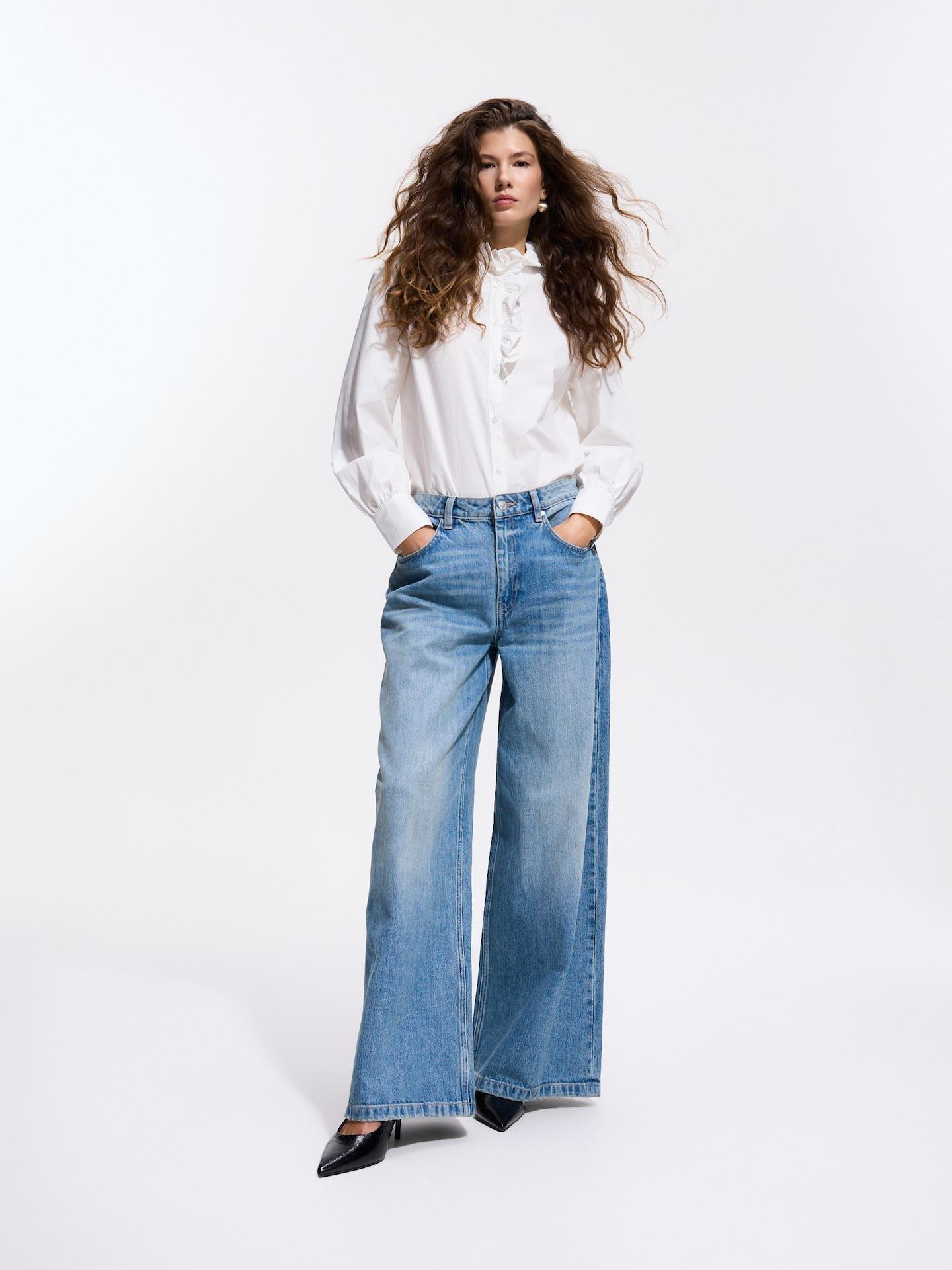 White Cotton Shirt With Standing Collar, White, large image number 6