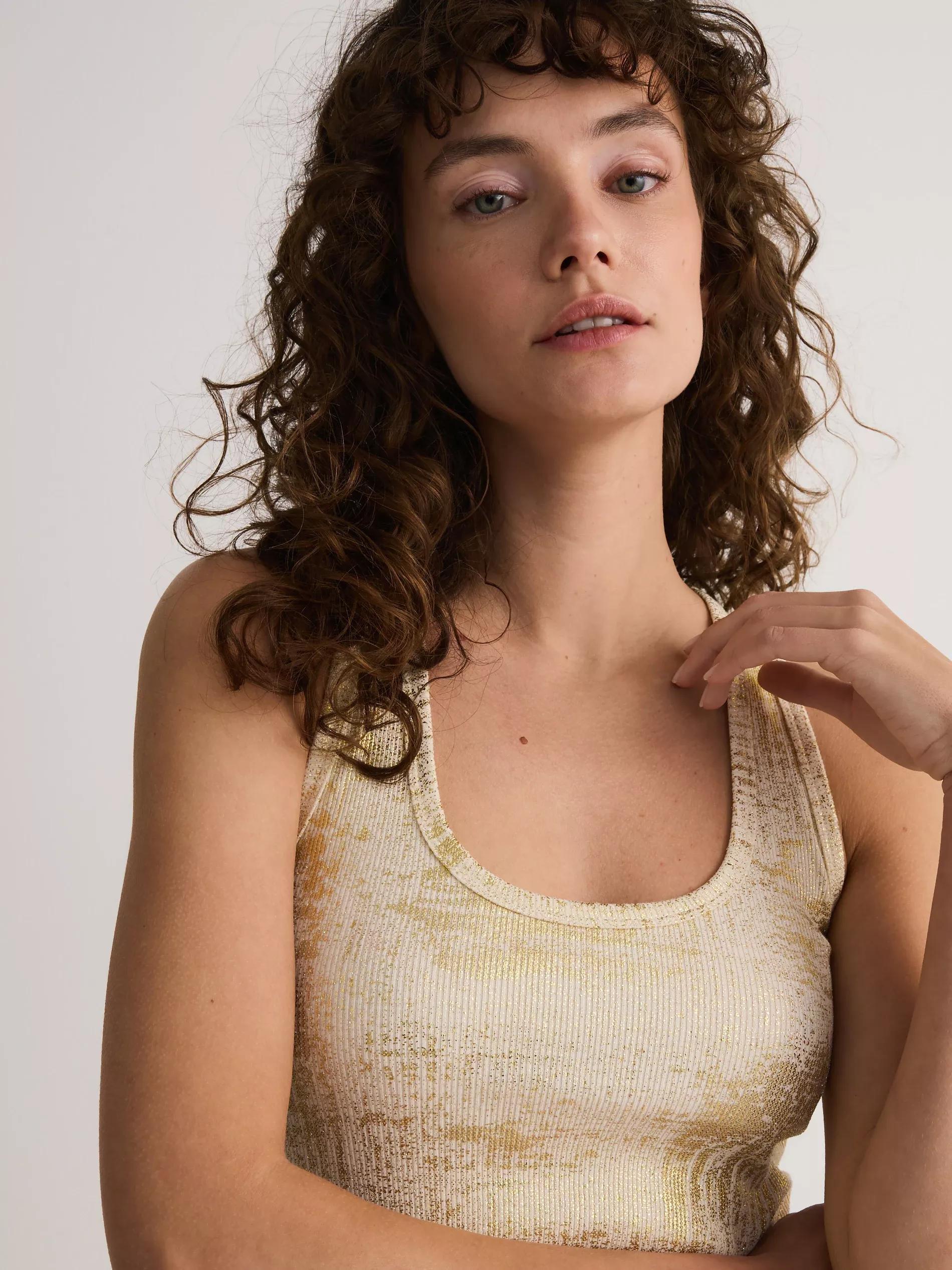 Beige Shiny Strappy Top, , medium