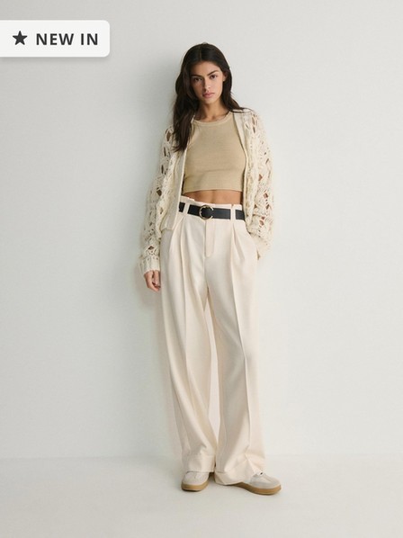 Reserved - cream Trousers with tie waist belt