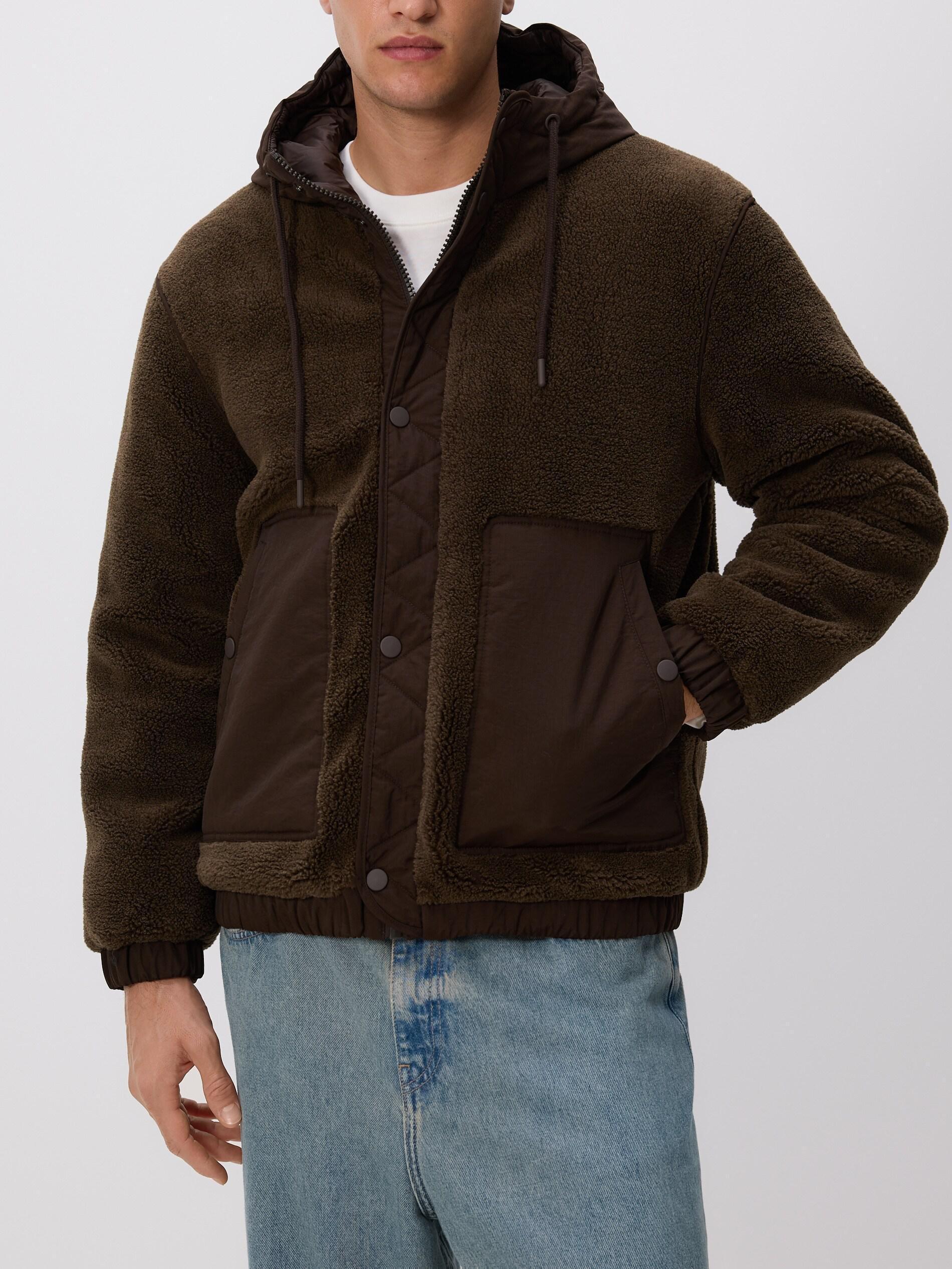 Brown Sherpa Jacket With Hood, Brown, large image number 1