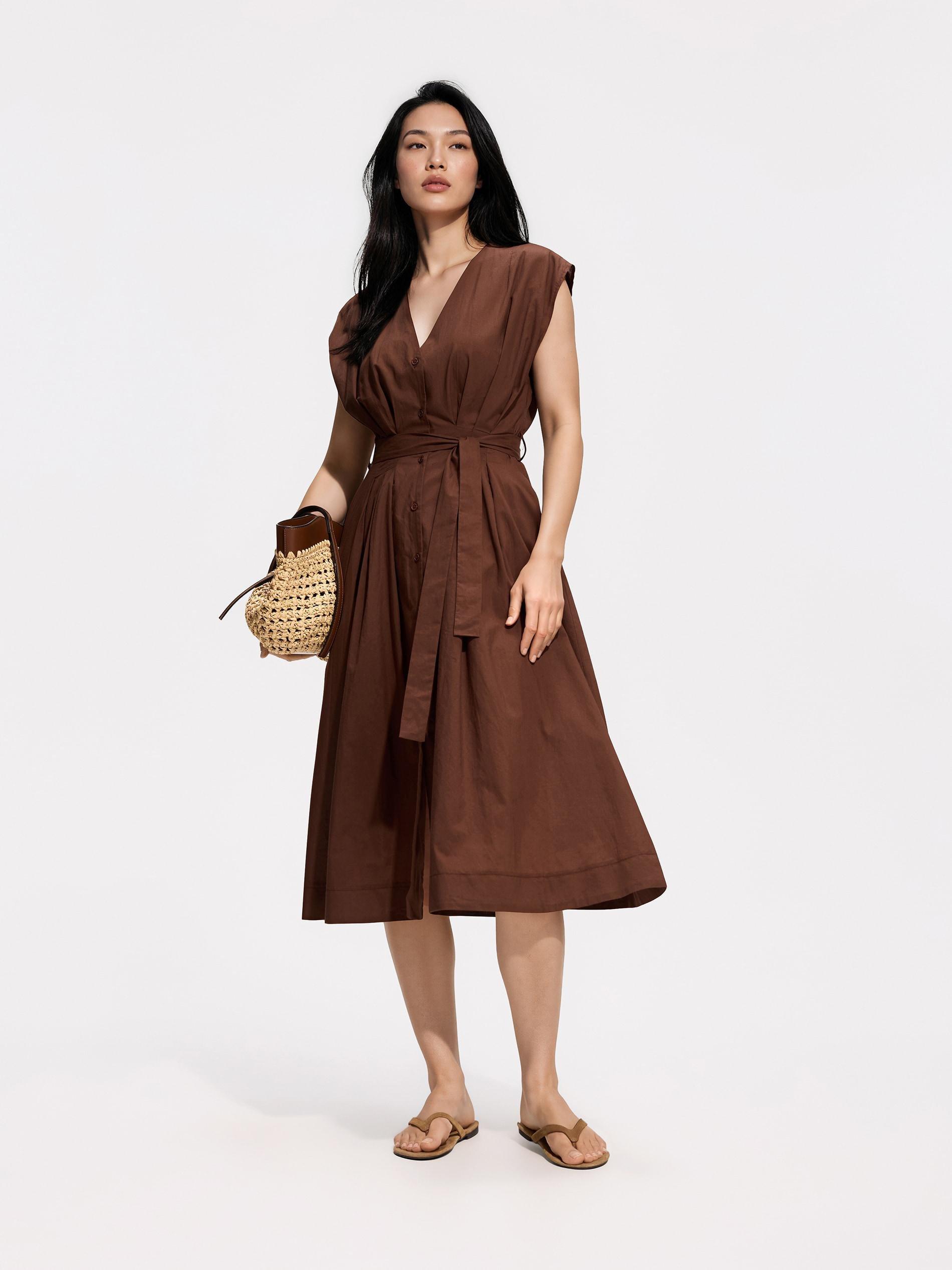 Brown Cotton Midi Dress, Brown, large image number 1