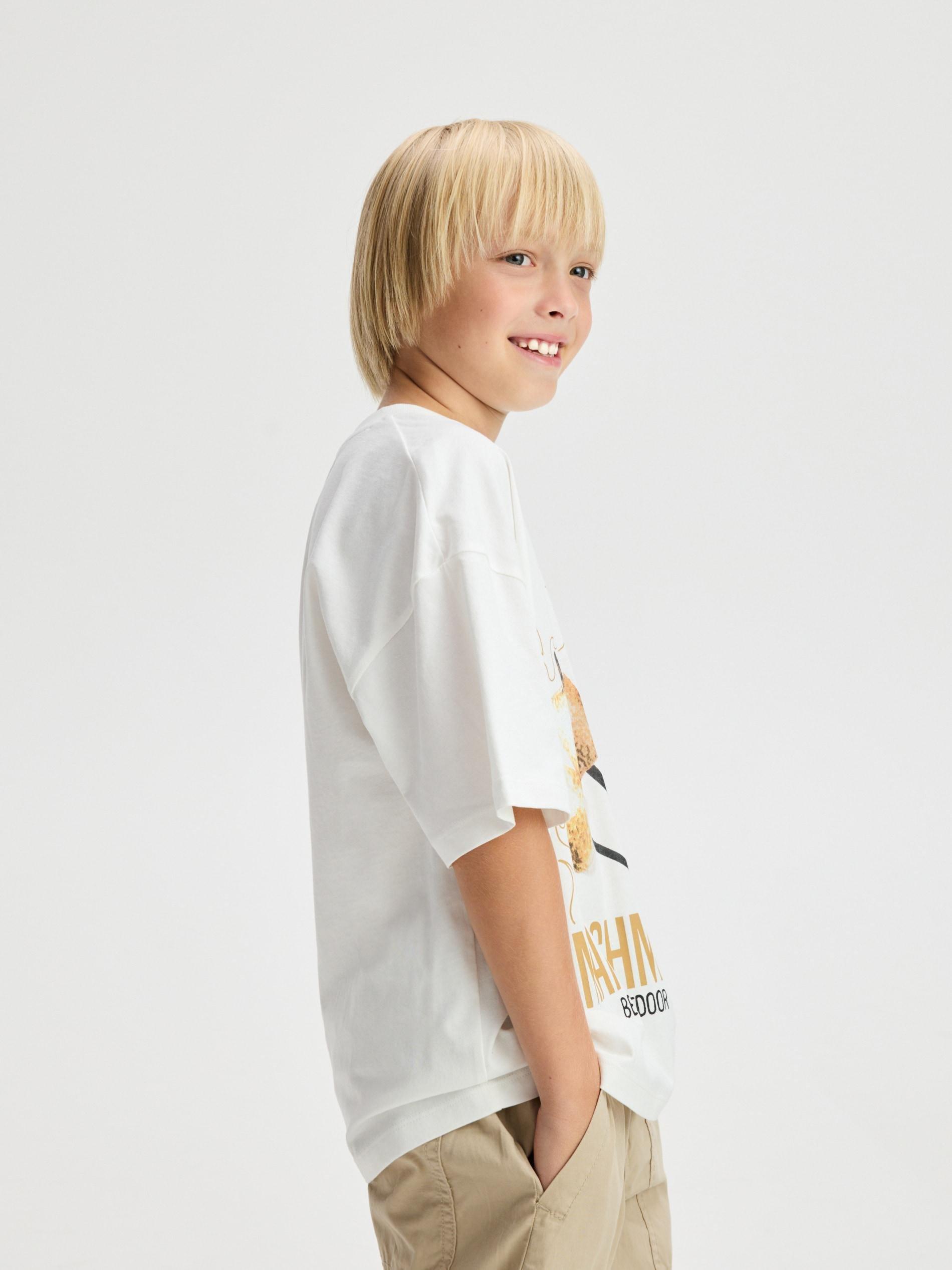 Cream Cotton T-Shirt With Print, Ivory, large image number 4