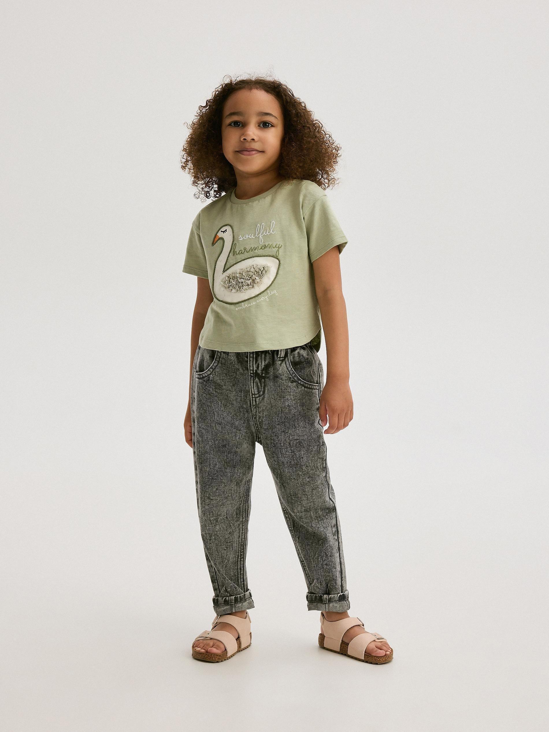 Green Embroidery Cotton T-Shirt, Kids Girls, , large image number 1