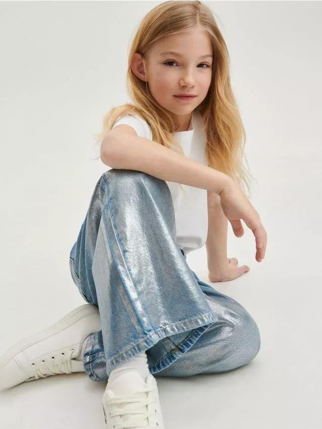 Blue Shiny Wide Legs Jeans, Kids Girls, , large image number 0