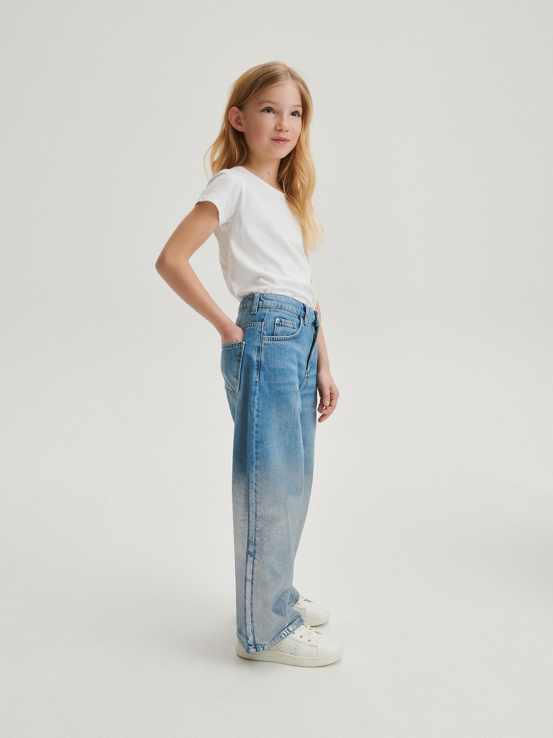 Blue Shiny Wide Legs Jeans, Kids Girls, , large image number 2